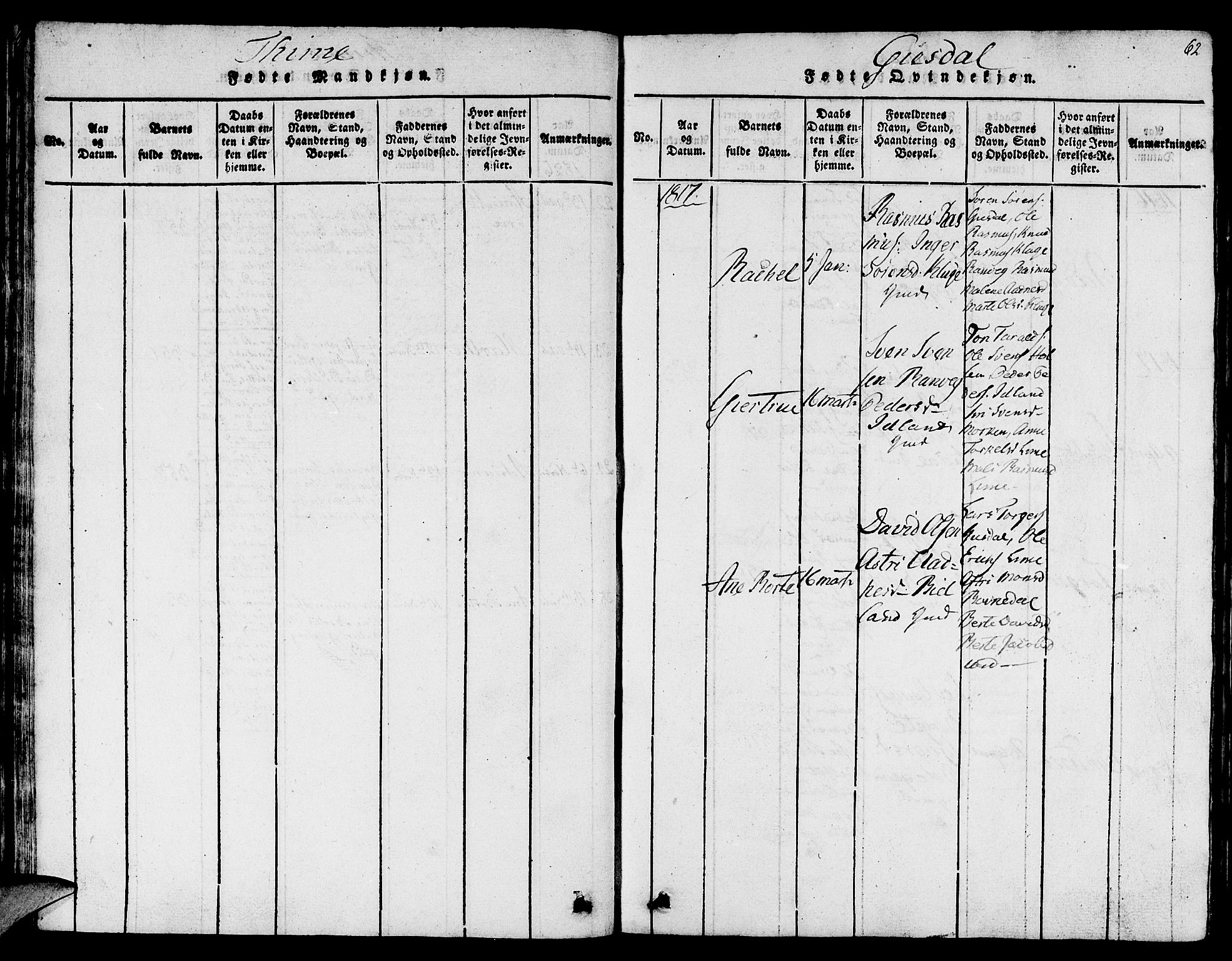 Lye sokneprestkontor, SAST/A-101794/001/30BB/L0001: Parish register (copy) no. B 1 /2, 1816-1826, p. 62