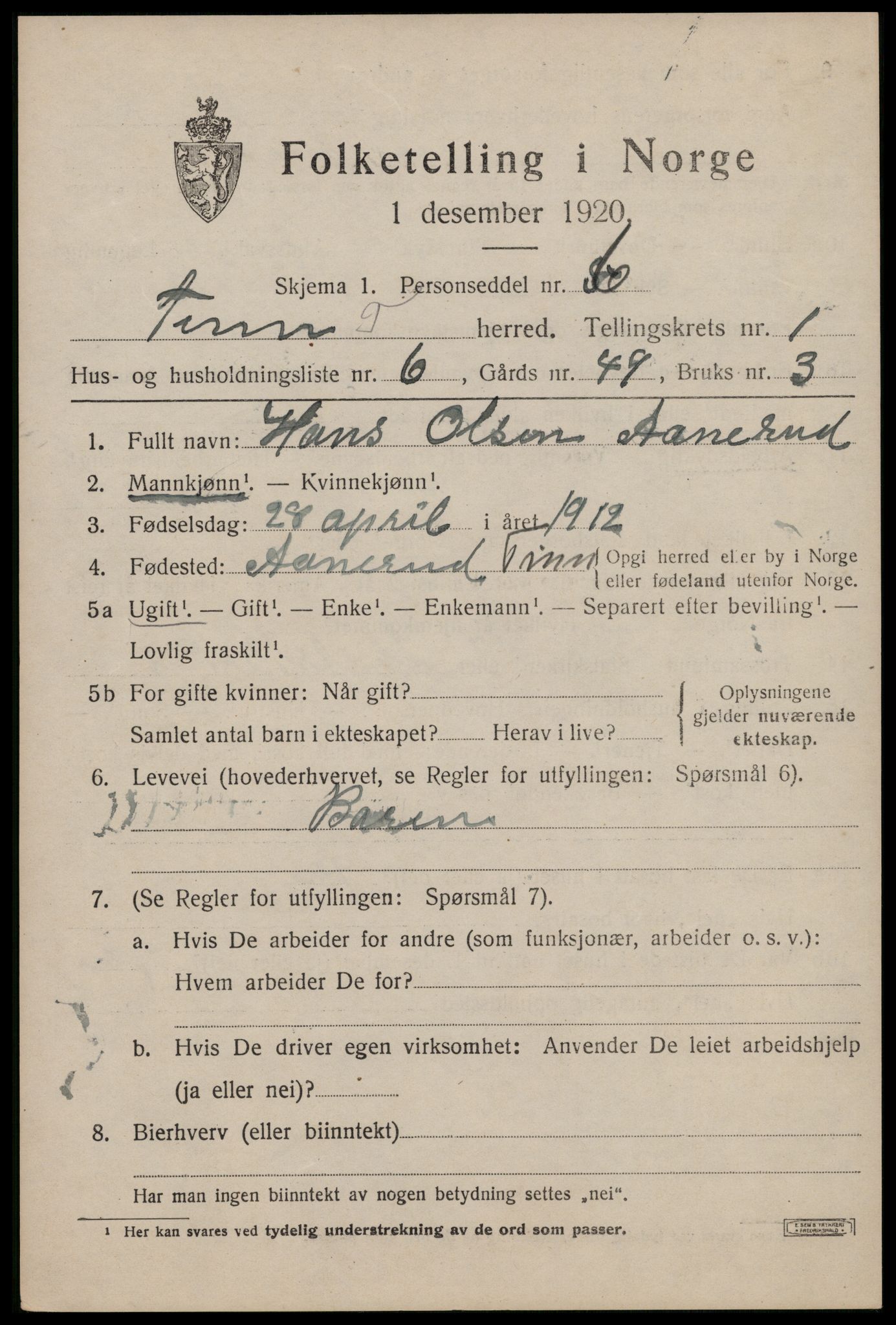 SAKO, 1920 census for Tinn, 1920, p. 2754