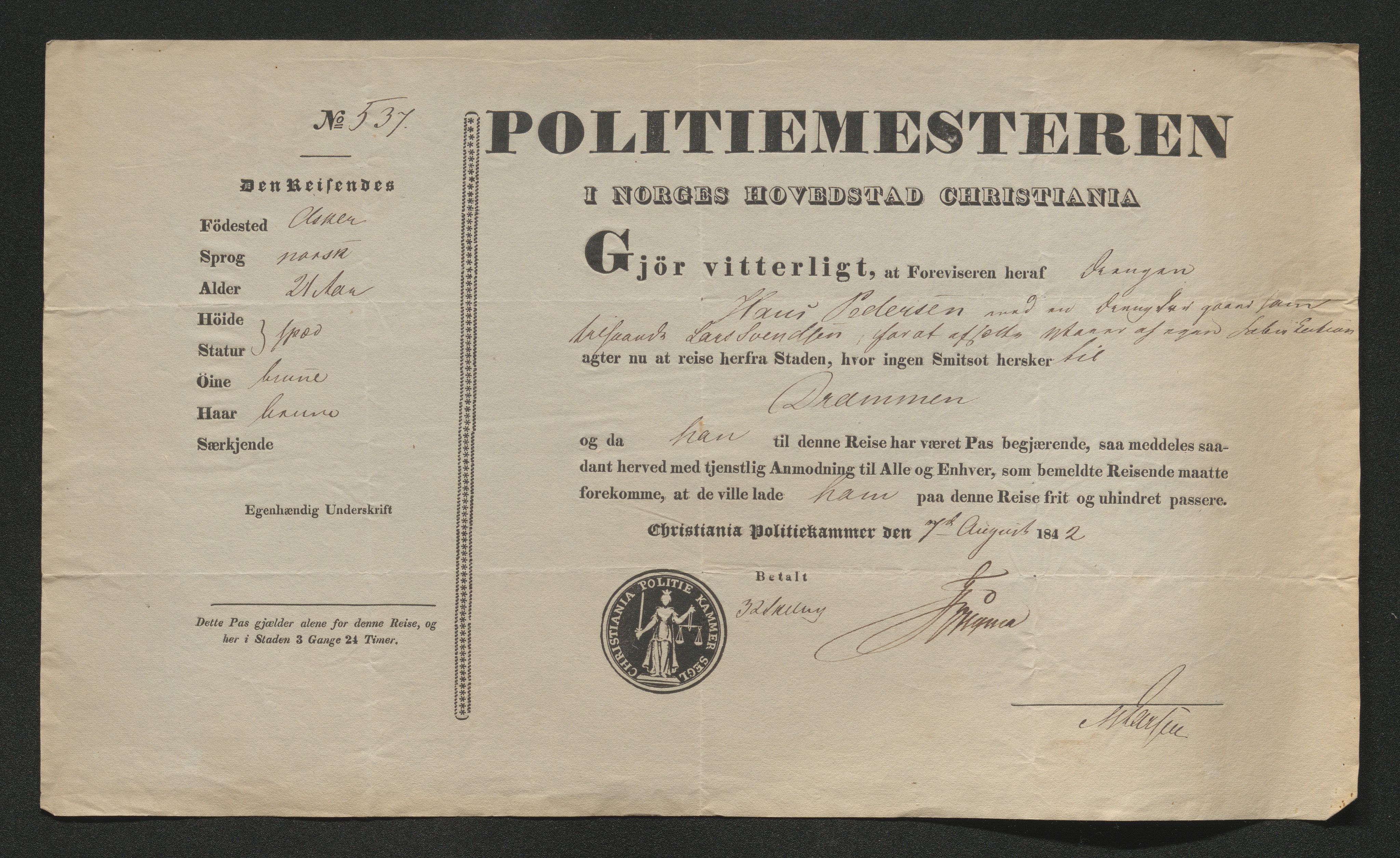 Drammen politikammer, AV/SAKO-A-623/I/Ia/Iab/L0006: Innleverte pass, 1841-1842, p. 541