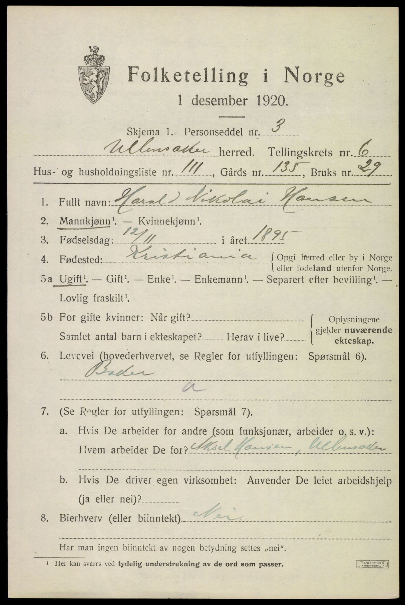 SAO, 1920 census for Ullensaker, 1920, p. 11701