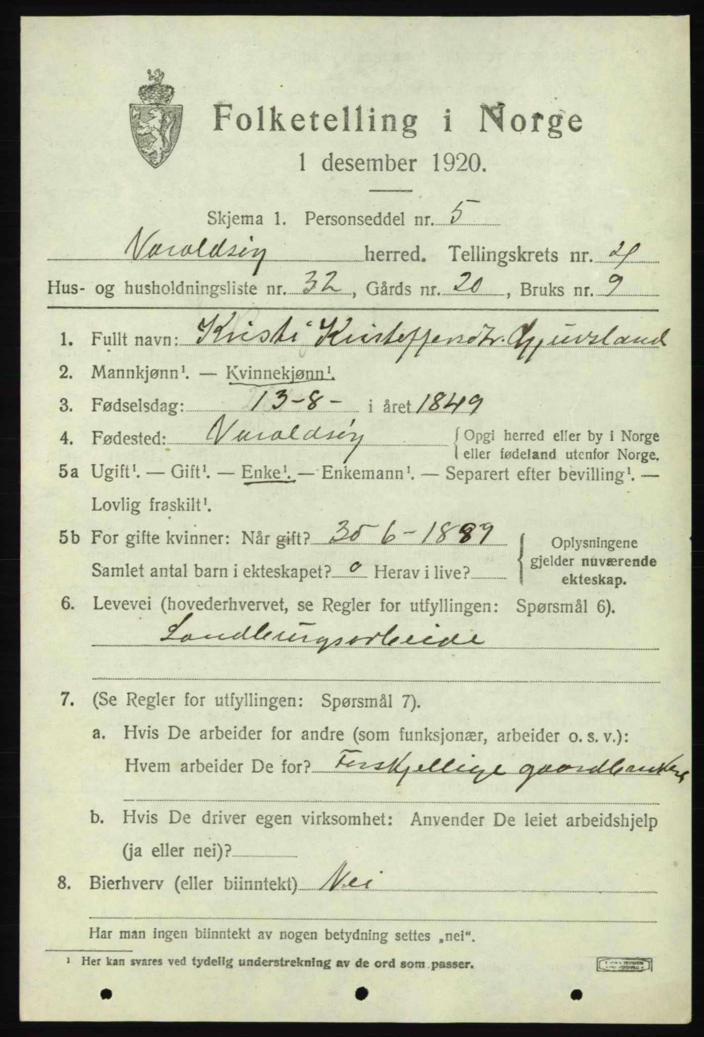 SAB, 1920 census for Varaldsøy, 1920, p. 1783