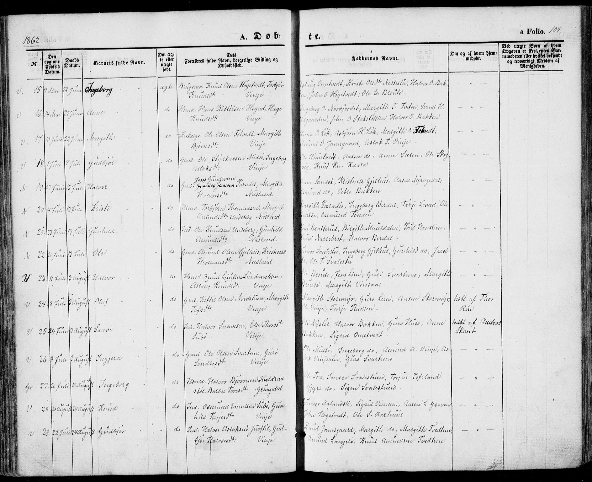Vinje kirkebøker, SAKO/A-312/F/Fa/L0004: Parish register (official) no. I 4, 1843-1869, p. 104