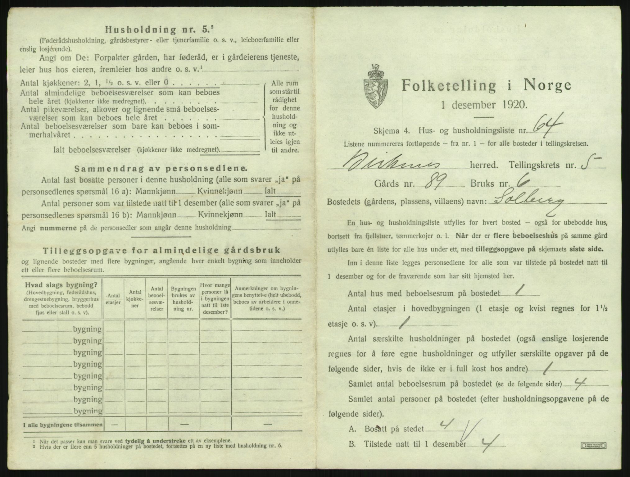 SAK, 1920 census for Birkenes, 1920, p. 571