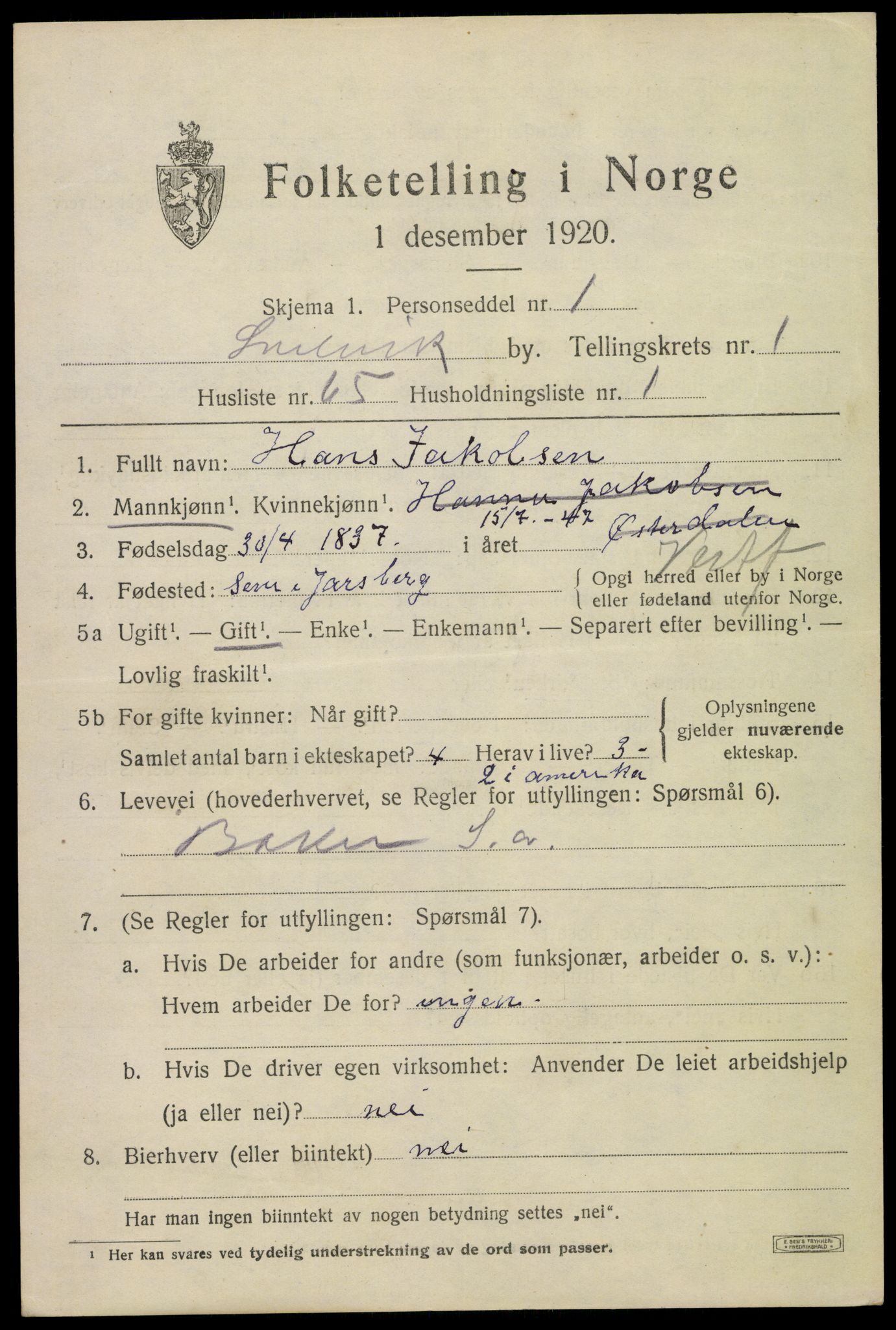 SAKO, 1920 census for Svelvik, 1920, p. 1897