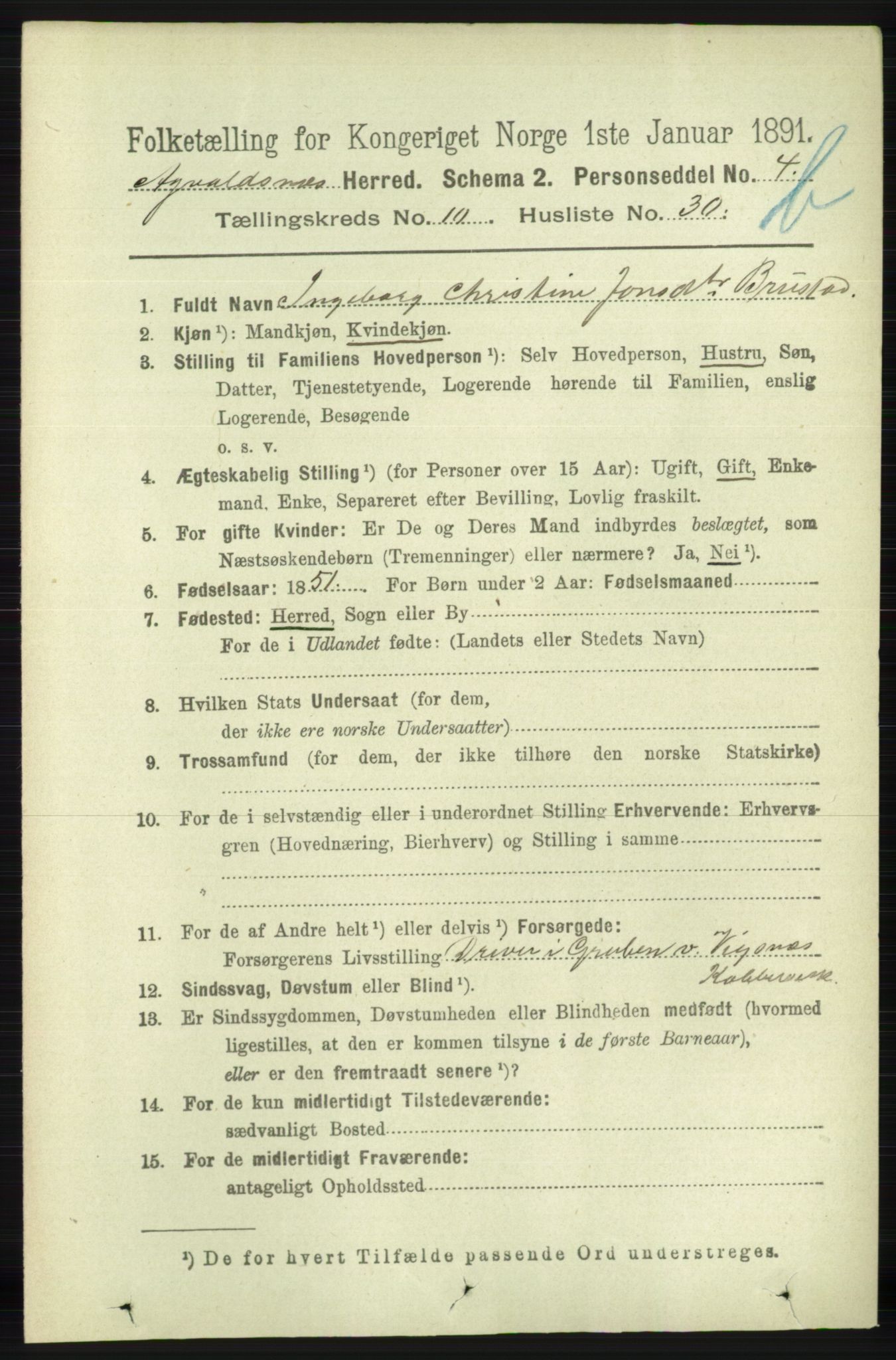 RA, 1891 census for 1147 Avaldsnes, 1891, p. 6141