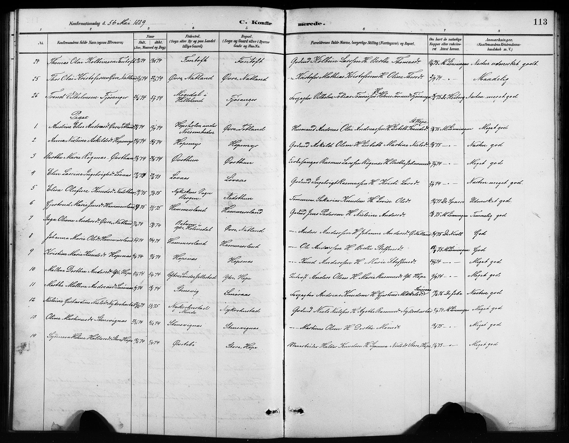 Birkeland Sokneprestembete, SAB/A-74601/H/Hab: Parish register (copy) no. A 4, 1888-1897, p. 113