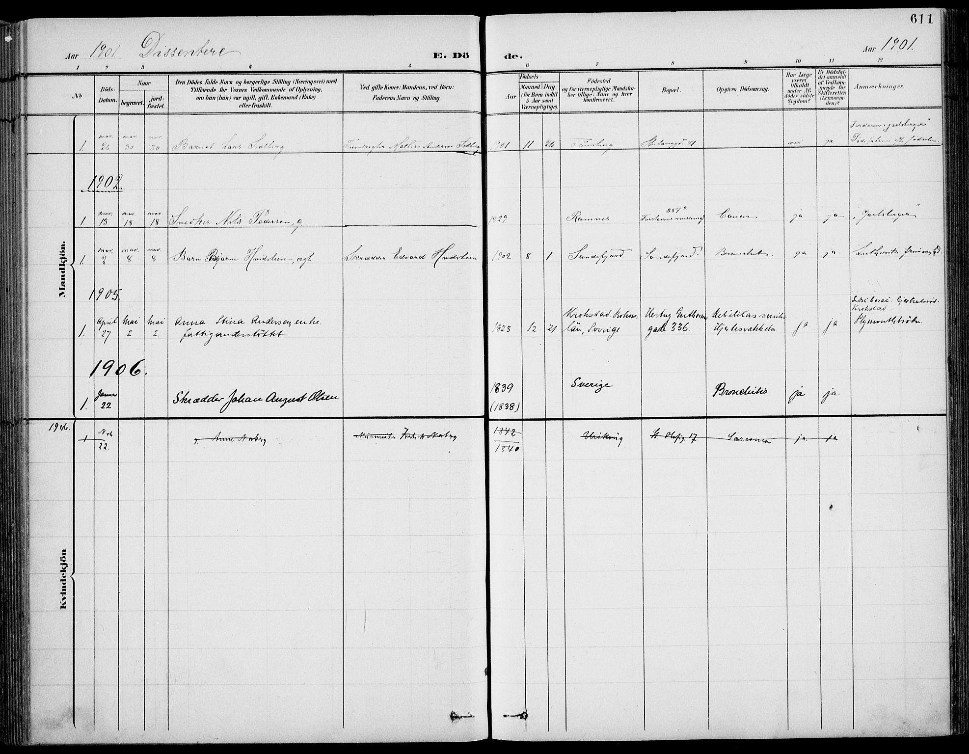 Tønsberg kirkebøker, SAKO/A-330/F/Fa/L0013: Parish register (official) no. I 13, 1900-1913, p. 611