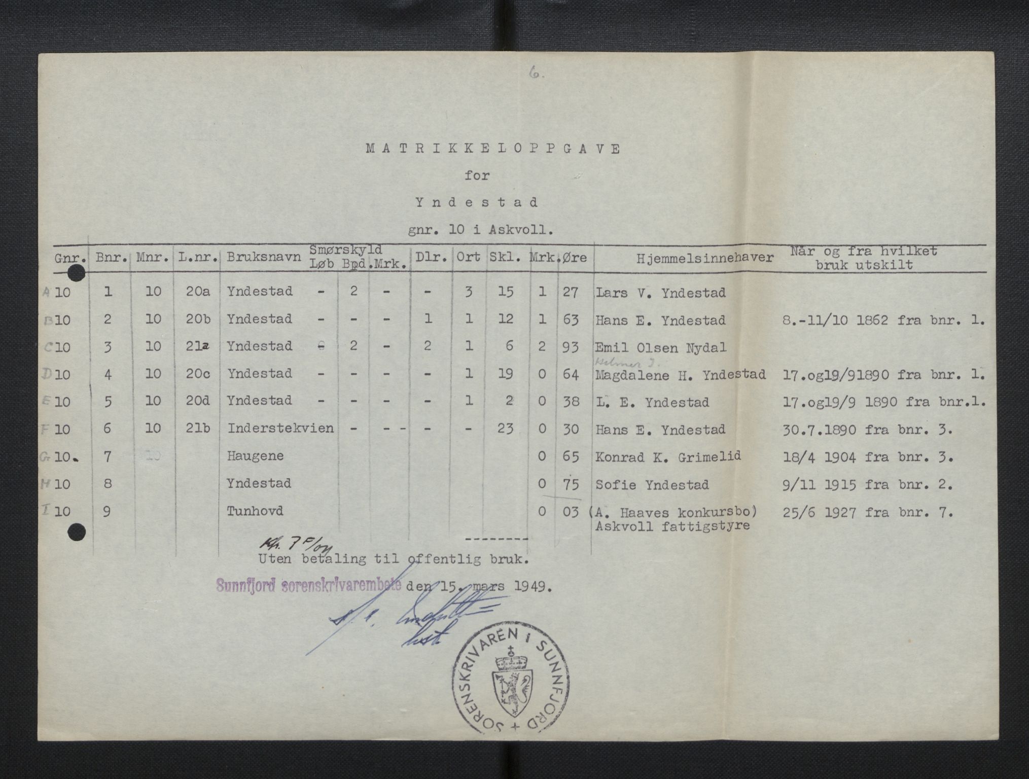 Sogn og Fjordane jordskiftedøme - III Sunnfjord jordskiftedistrikt, AV/SAB-A-6201/B/Bb/L0002: Askvoll gnr. 7-11, 1939-1952, p. 11