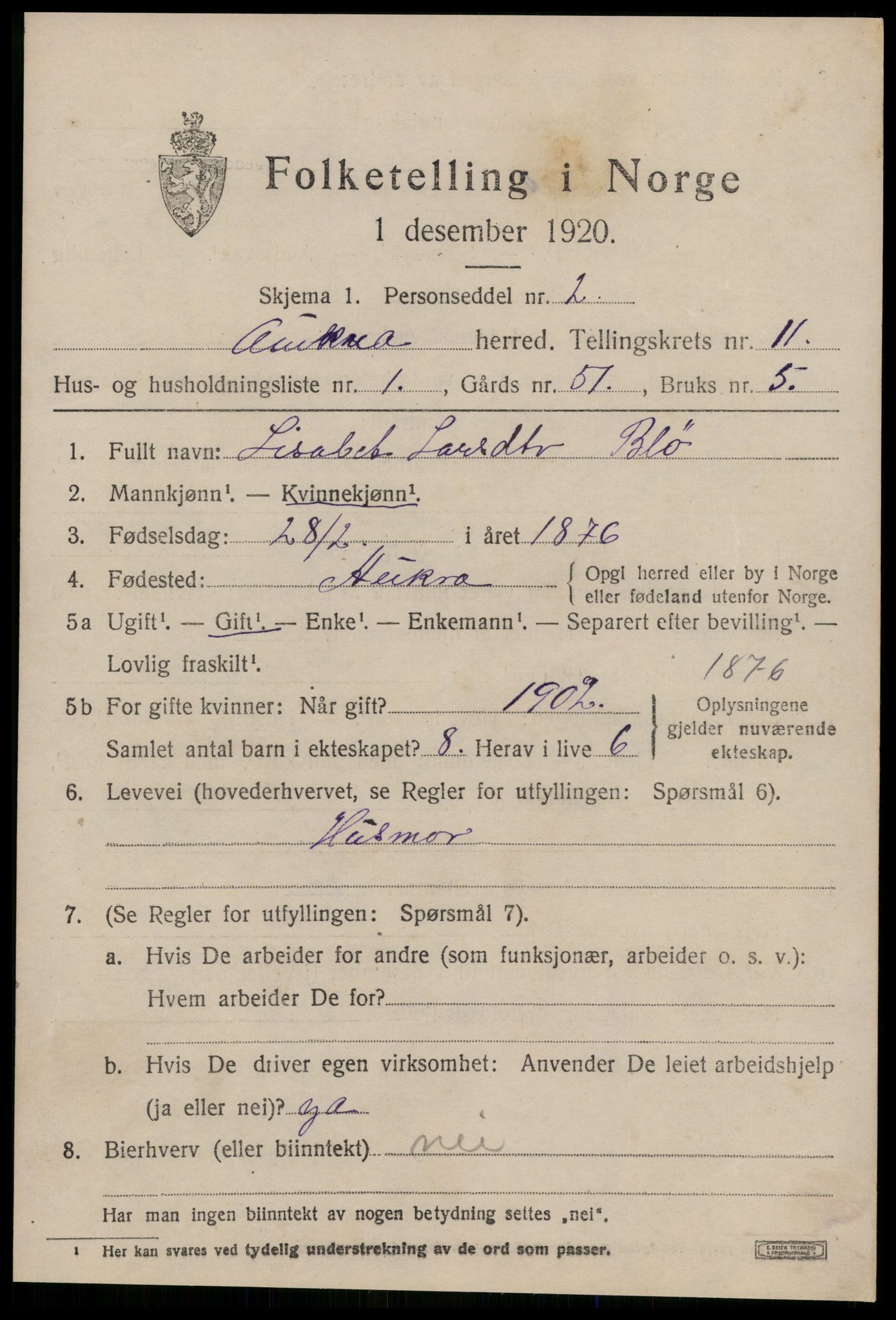 SAT, 1920 census for Aukra, 1920, p. 5131