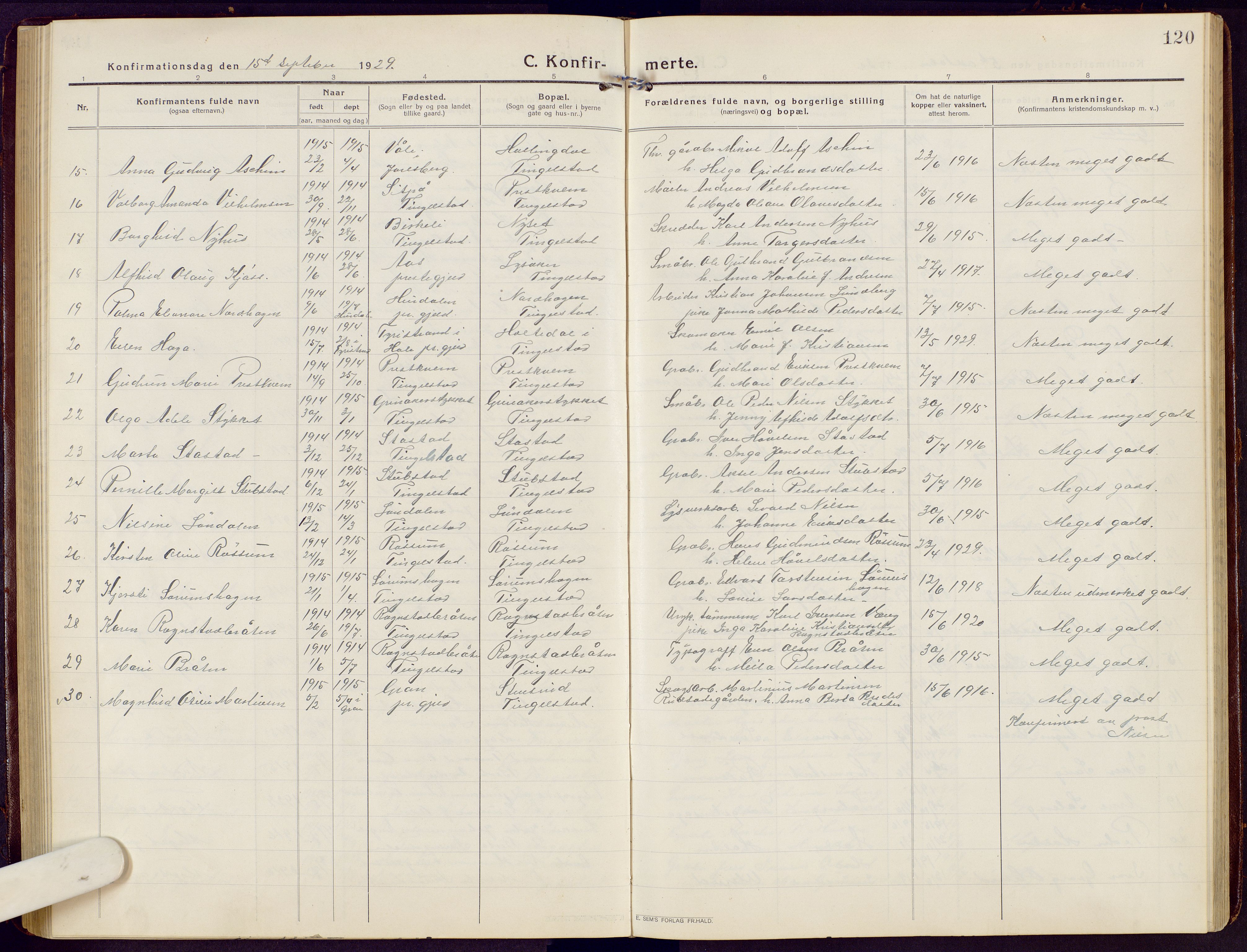 Brandbu prestekontor, SAH/PREST-114/H/Ha/Hab/L0010: Parish register (copy) no. 10, 1916-1930, p. 120