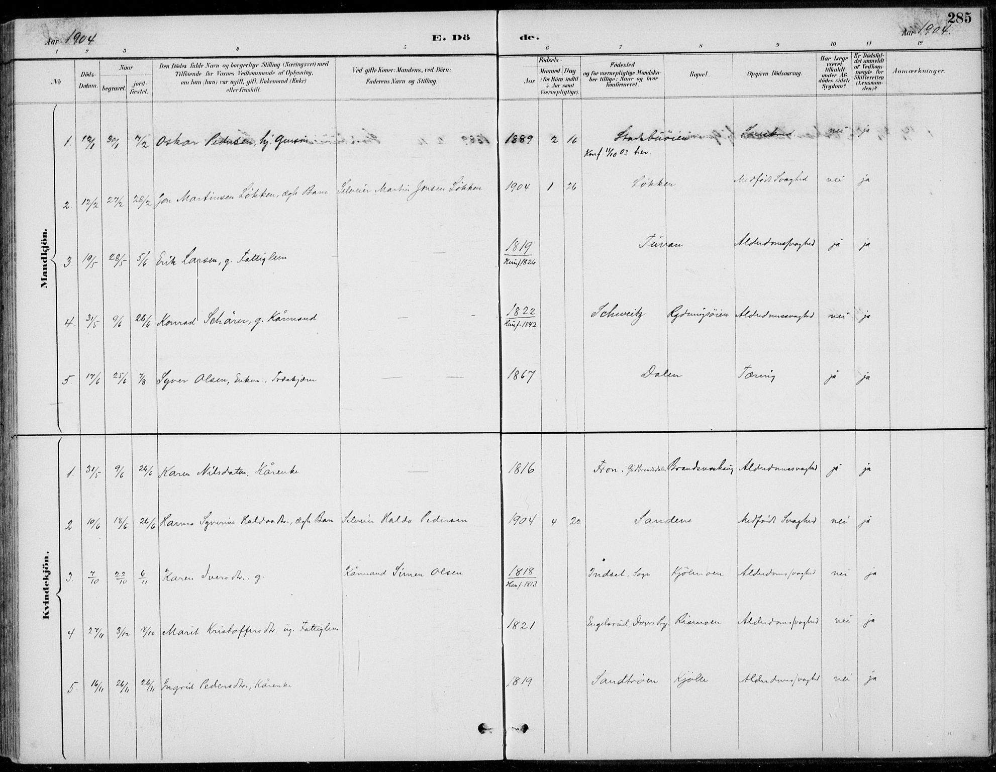 Alvdal prestekontor, SAH/PREST-060/H/Ha/Haa/L0003: Parish register (official) no. 3, 1886-1912, p. 285