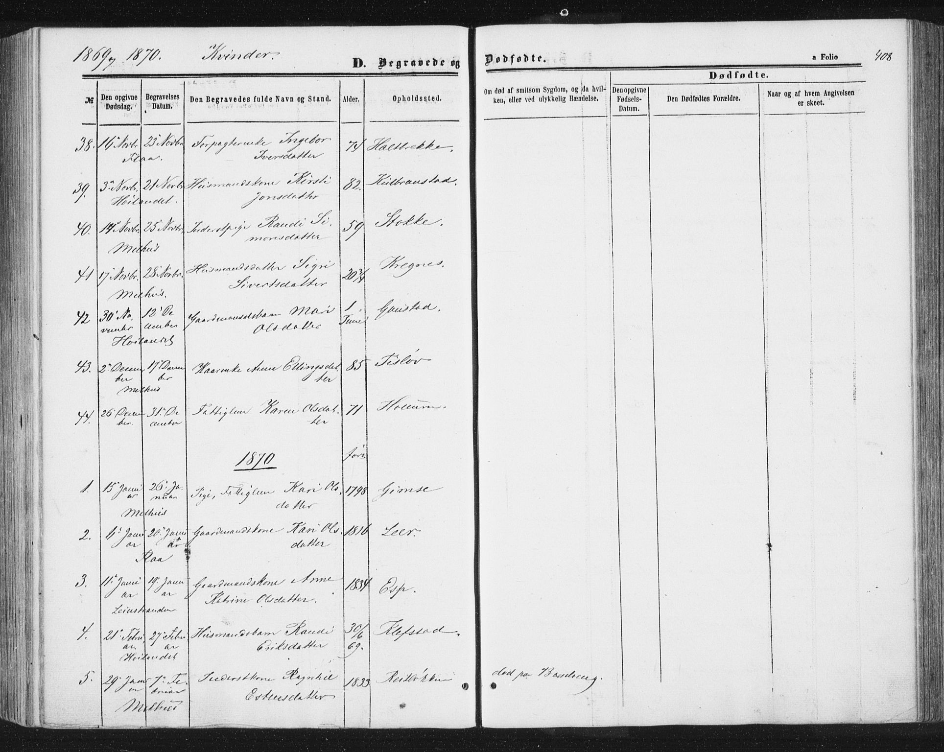 Ministerialprotokoller, klokkerbøker og fødselsregistre - Sør-Trøndelag, AV/SAT-A-1456/691/L1077: Parish register (official) no. 691A09, 1862-1873, p. 408