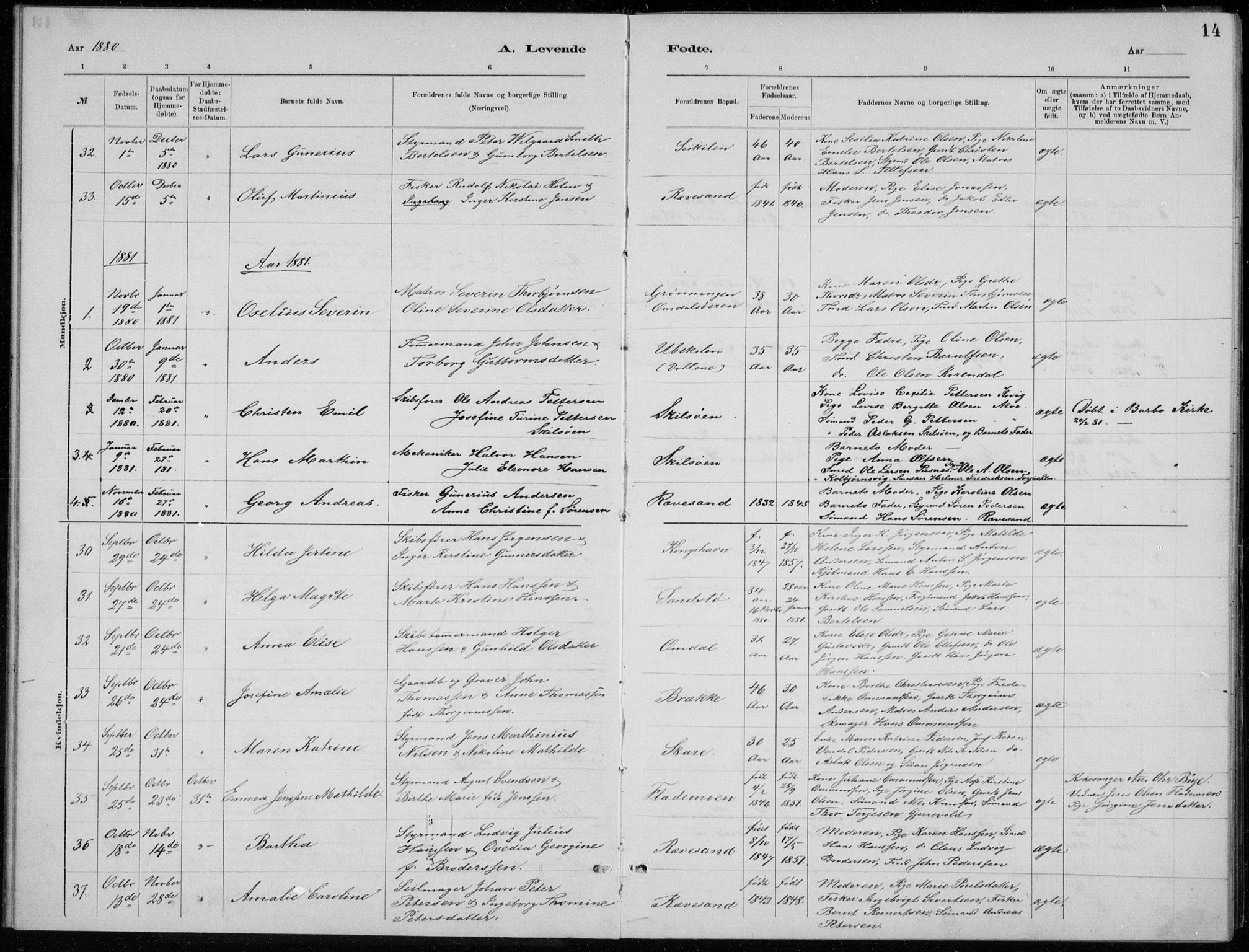 Tromøy sokneprestkontor, SAK/1111-0041/F/Fb/L0005: Parish register (copy) no. B 5, 1877-1891, p. 14