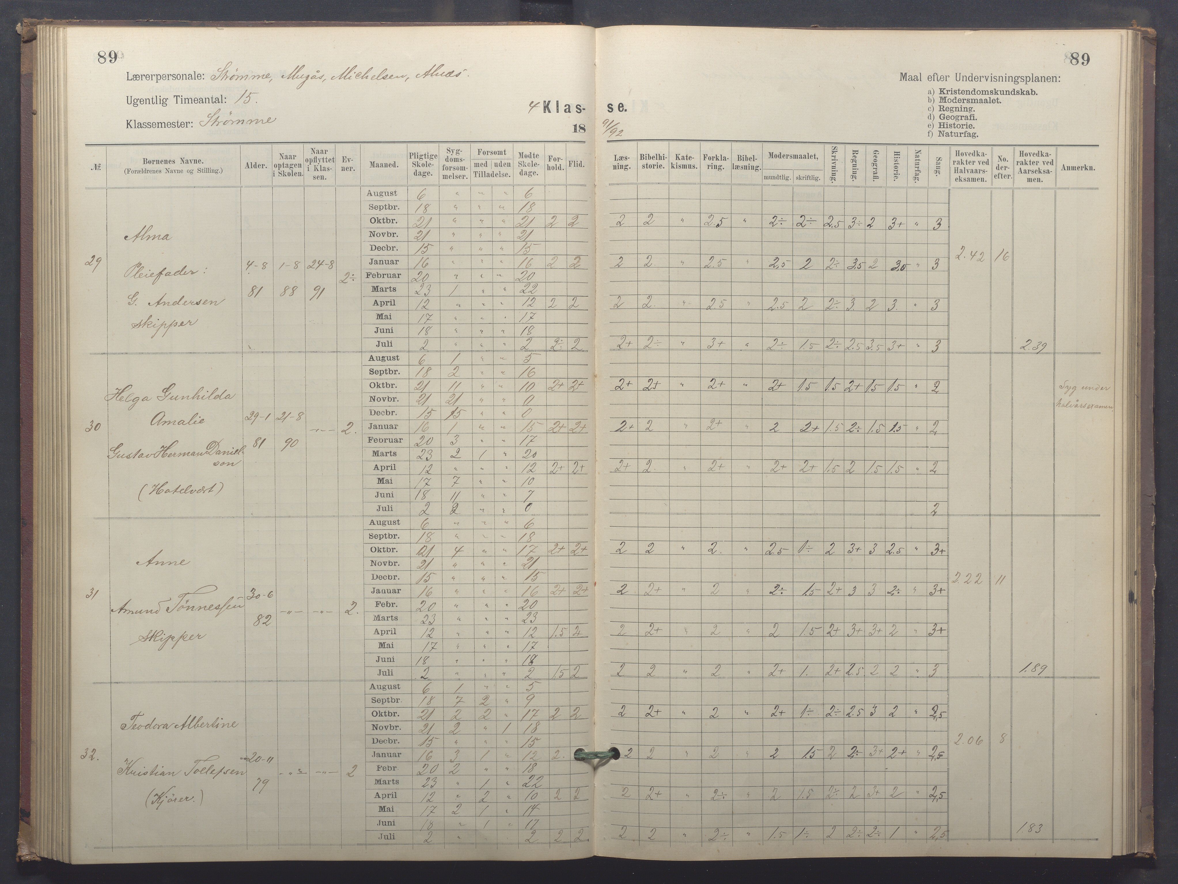 Egersund kommune (Ladested) - Egersund almueskole/folkeskole, IKAR/K-100521/H/L0025: Skoleprotokoll - Almueskolen, 4. klasse, 1887-1892, p. 89