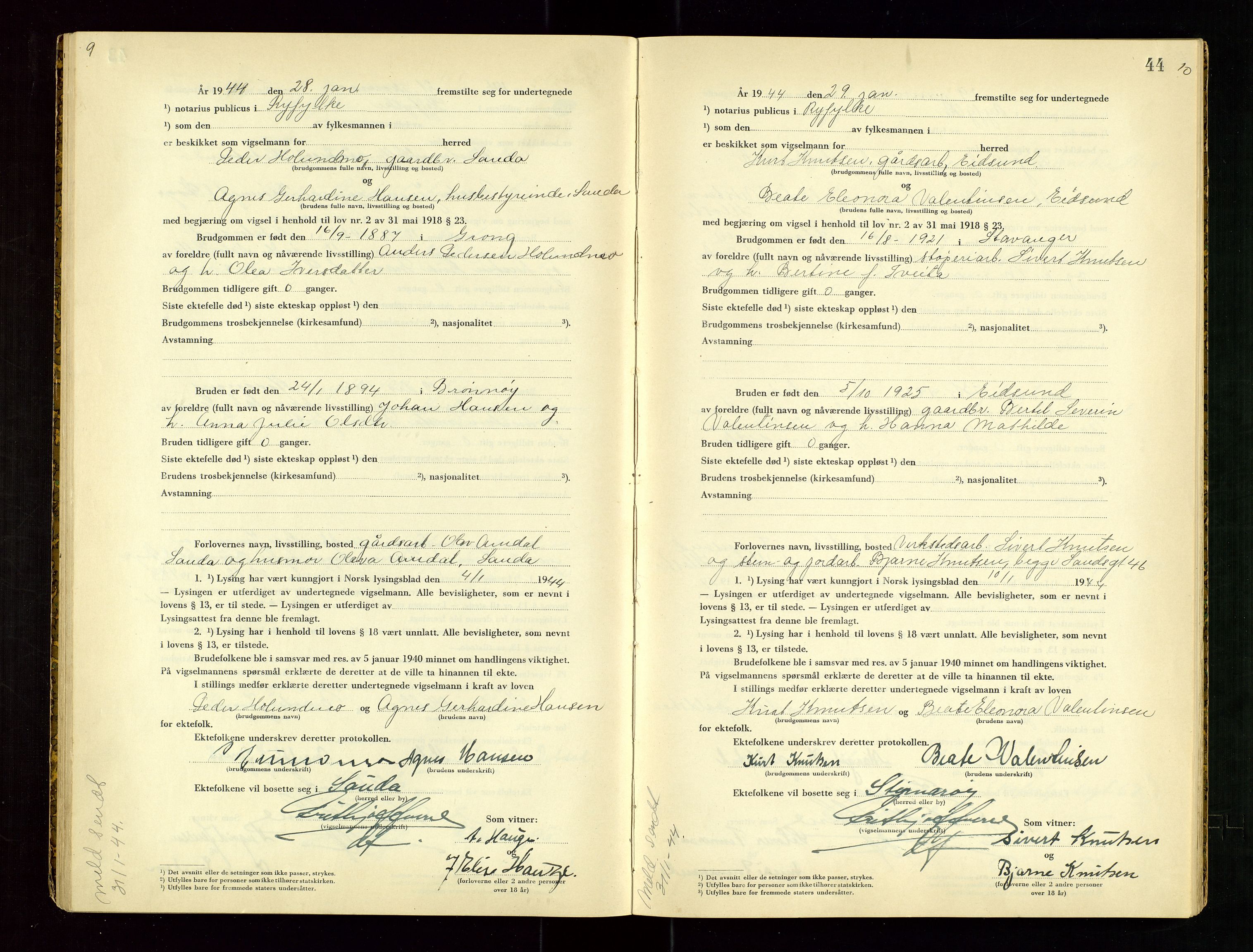 Ryfylke tingrett, AV/SAST-A-100055/001/III/IIIC/L0003: Vigselbok, 1943-1944, p. 44