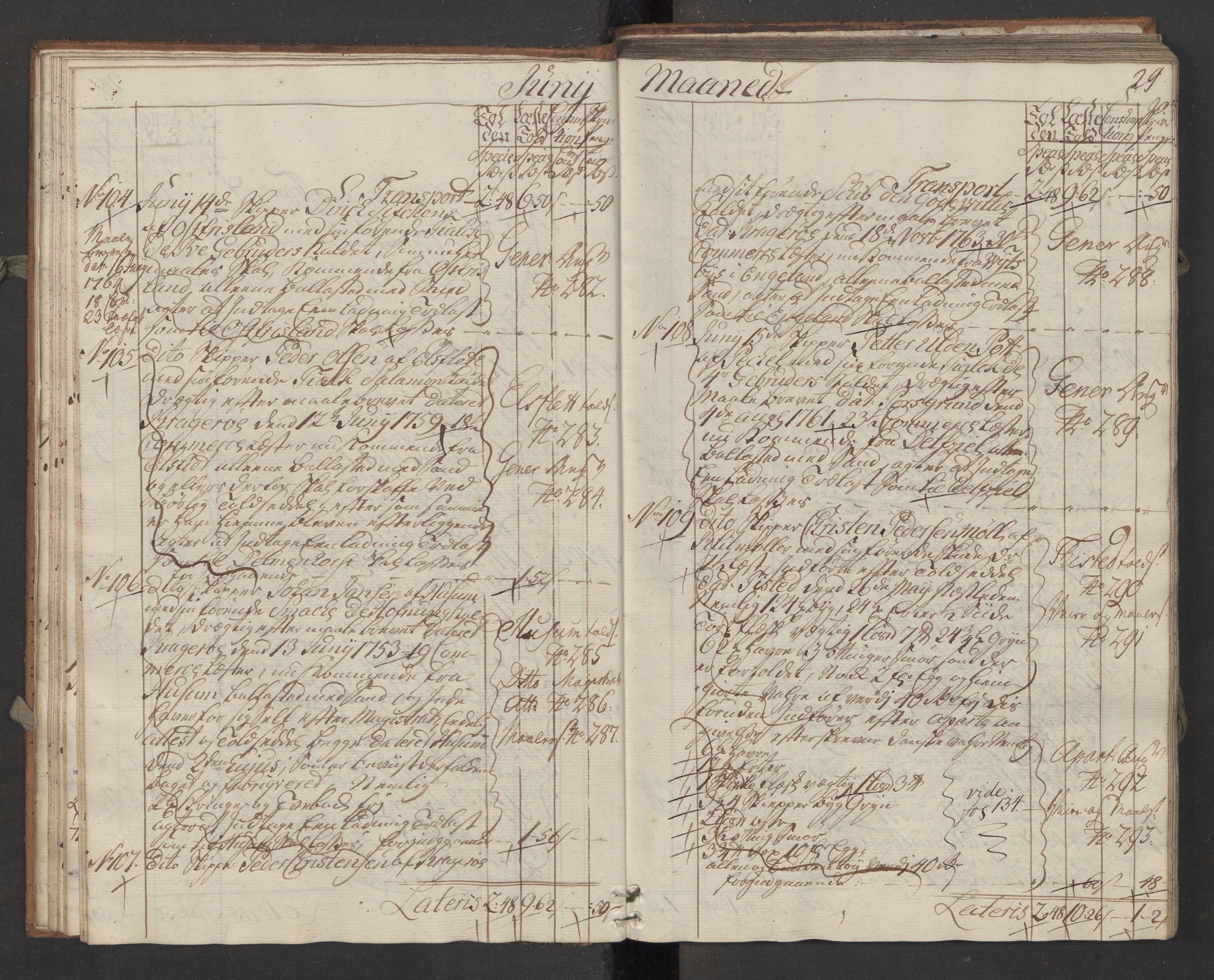 Generaltollkammeret, tollregnskaper, RA/EA-5490/R13/L0036/0001: Tollregnskaper Kragerø / Inngående hovedtollbok, 1764, p. 28b-29a