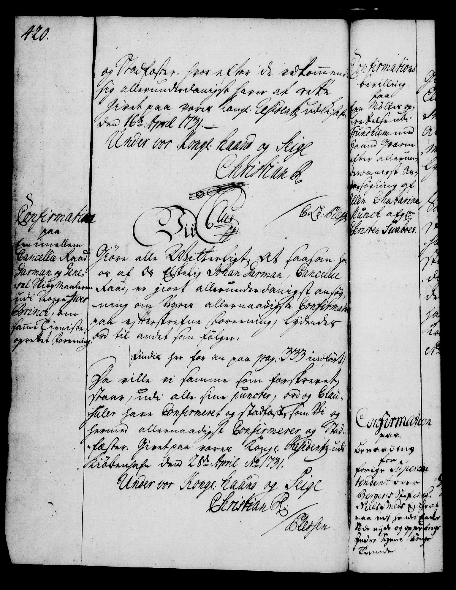 Rentekammeret, Kammerkanselliet, RA/EA-3111/G/Gg/Gga/L0003: Norsk ekspedisjonsprotokoll med register (merket RK 53.3), 1727-1734, p. 420