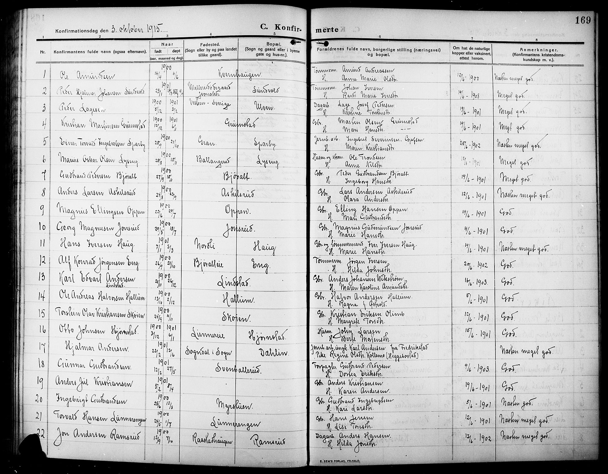 Lunner prestekontor, SAH/PREST-118/H/Ha/Hab/L0001: Parish register (copy) no. 1, 1909-1922, p. 169