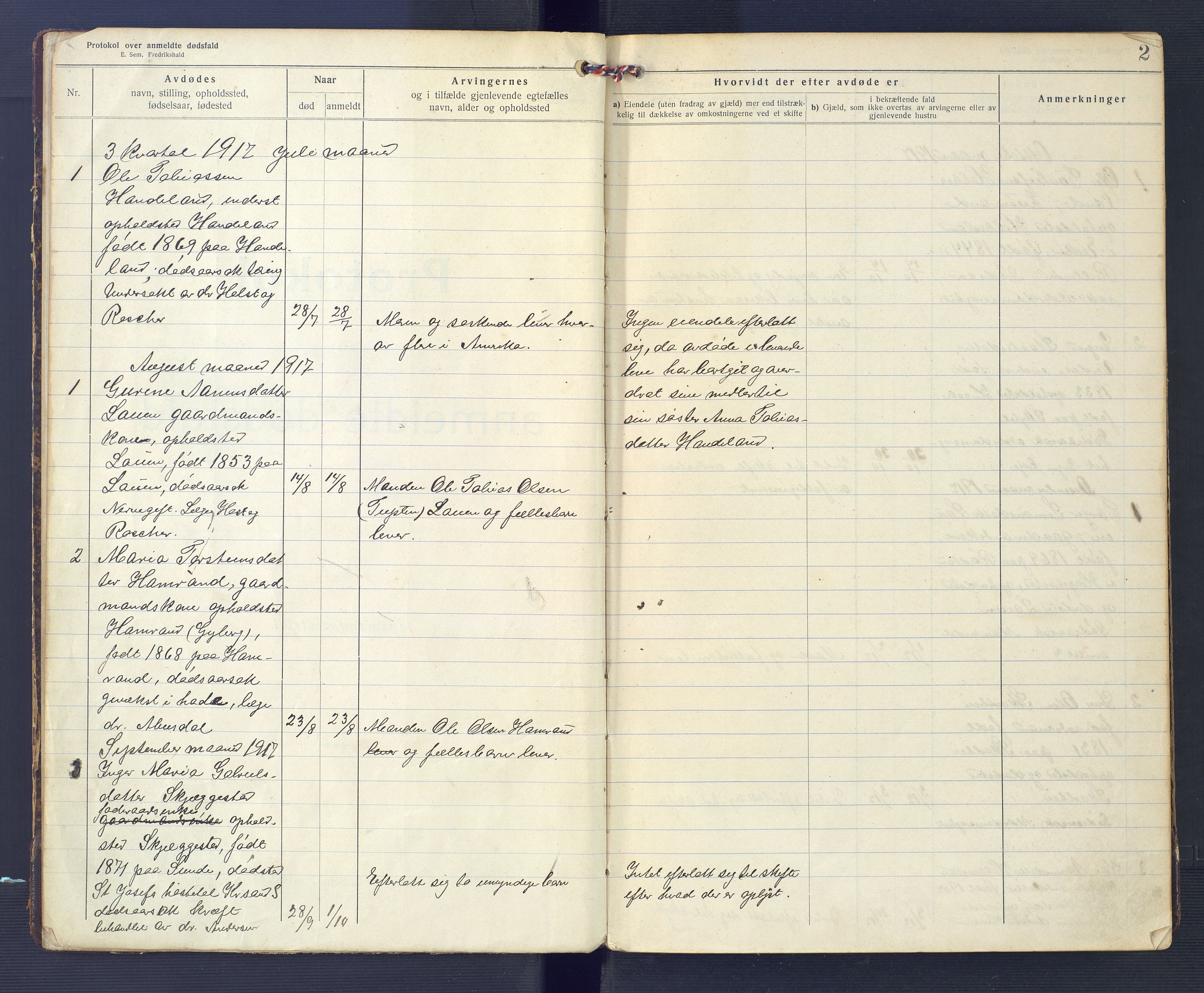 Hægebostad og Eiken lensmannskontor, AV/SAK-1241-0023/F/Fe/L0002: Dødsfallsprotokoll nr 34, 1917-1932, p. 2