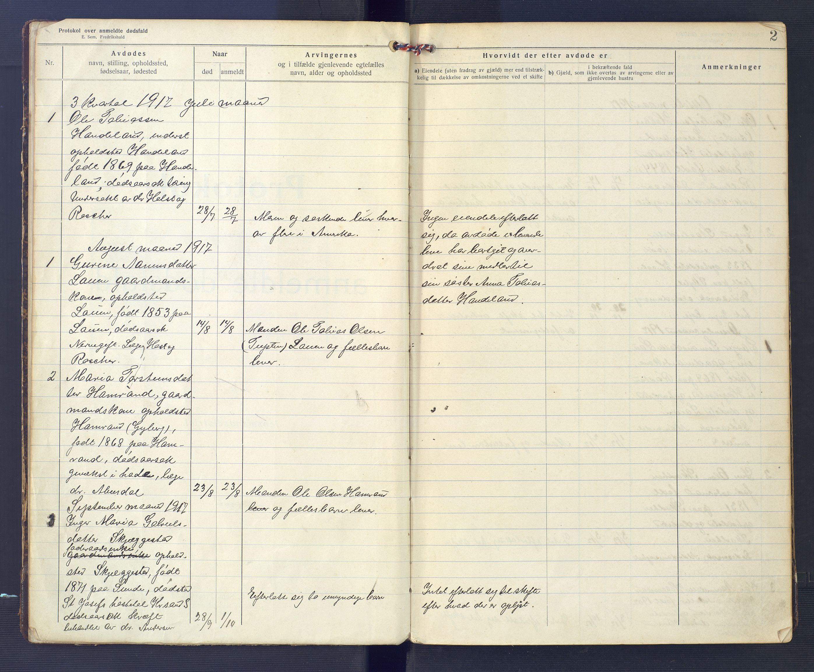 Hægebostad og Eiken lensmannskontor, SAK/1241-0023/F/Fe/L0002: Dødsfallsprotokoll nr 34, 1917-1932, p. 2