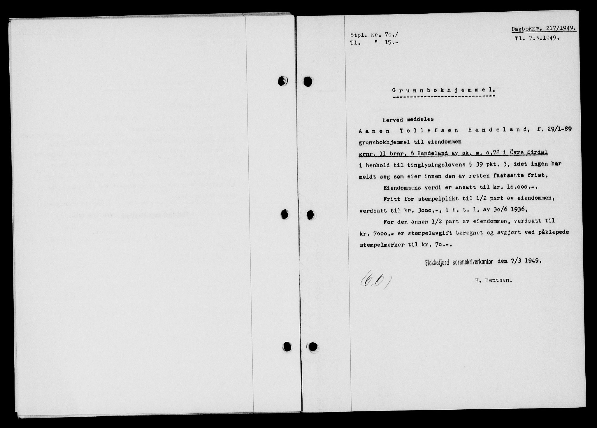 Flekkefjord sorenskriveri, SAK/1221-0001/G/Gb/Gba/L0064: Mortgage book no. A-12, 1948-1949, Diary no: : 217/1949