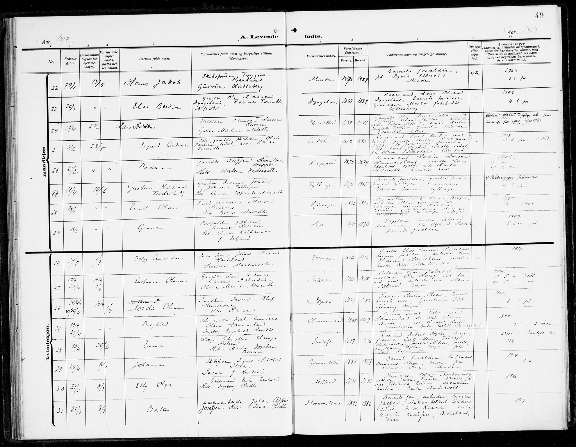 Fana Sokneprestembete, AV/SAB-A-75101/H/Haa/Haai/L0004: Parish register (official) no. I 4, 1912-1933, p. 49