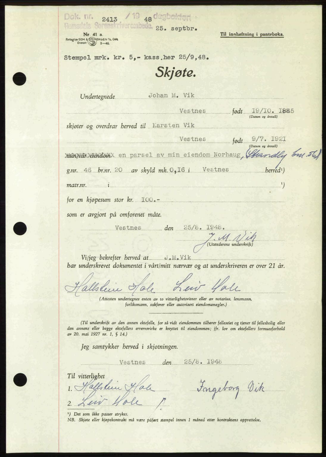 Romsdal sorenskriveri, AV/SAT-A-4149/1/2/2C: Mortgage book no. A27, 1948-1948, Diary no: : 2413/1948