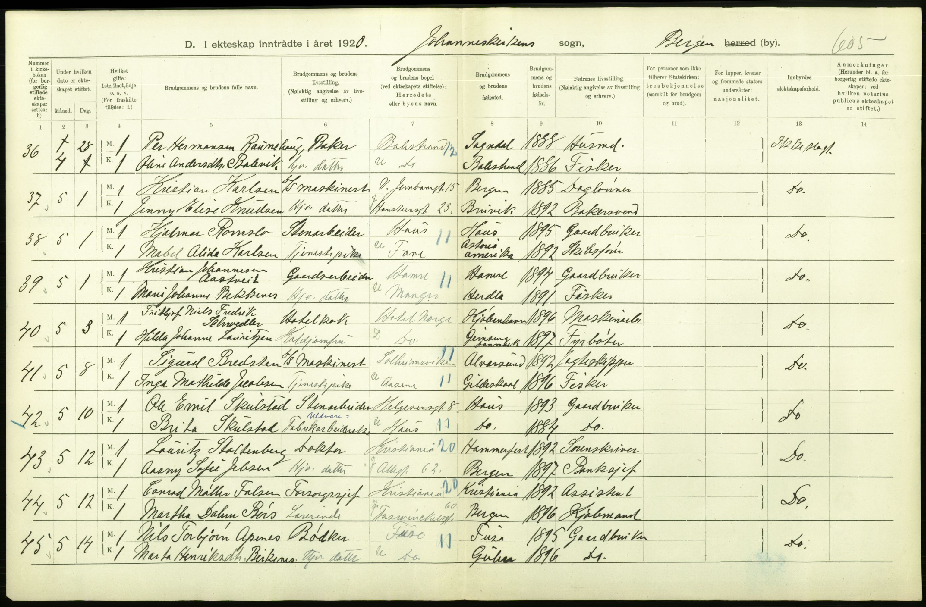 Statistisk sentralbyrå, Sosiodemografiske emner, Befolkning, AV/RA-S-2228/D/Df/Dfb/Dfbj/L0042: Bergen: Gifte, døde, dødfødte., 1920, p. 176