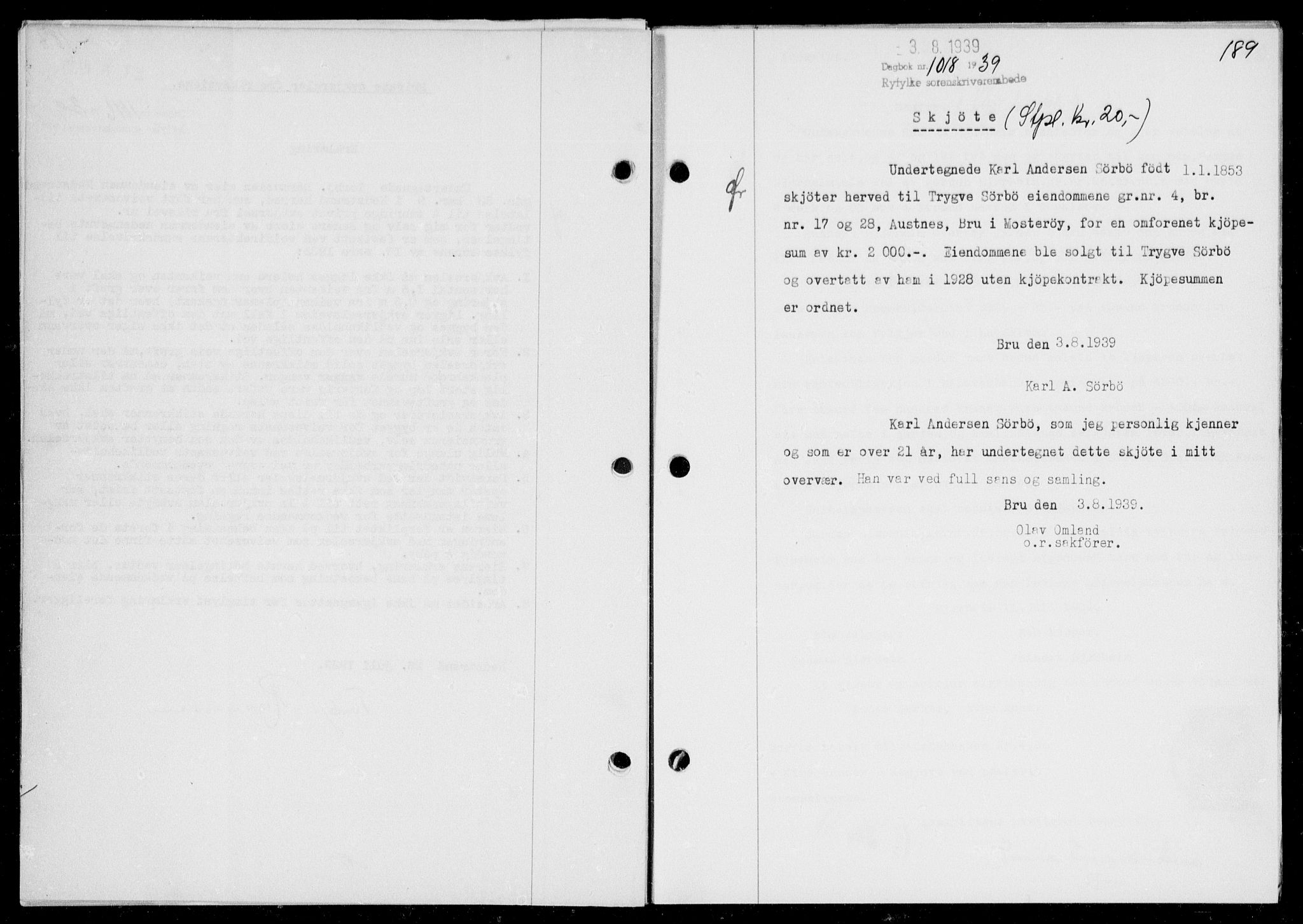 Ryfylke tingrett, SAST/A-100055/001/II/IIB/L0080: Mortgage book no. 59, 1939-1939, Diary no: : 1018/1939