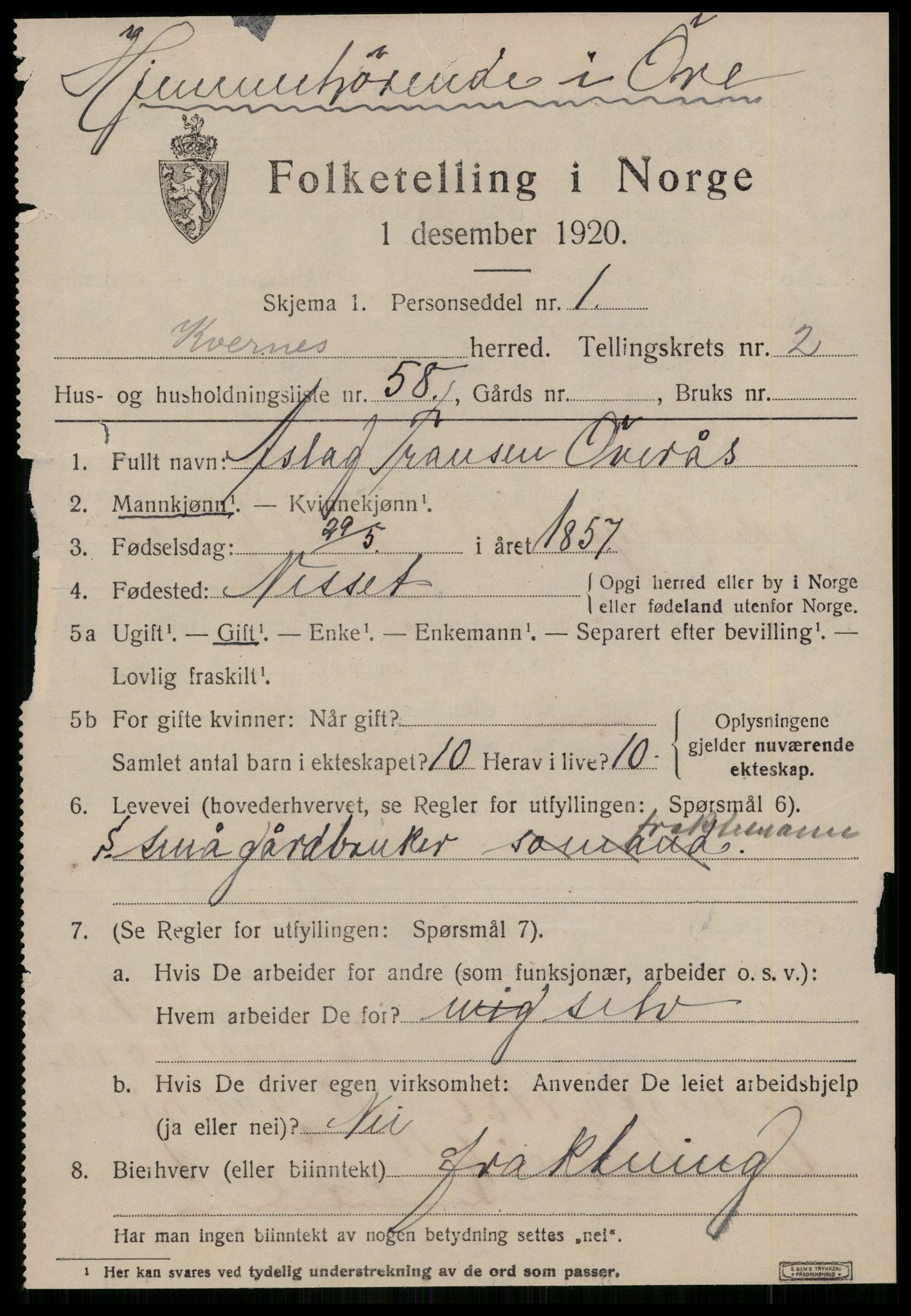 SAT, 1920 census for Kvernes, 1920, p. 1581