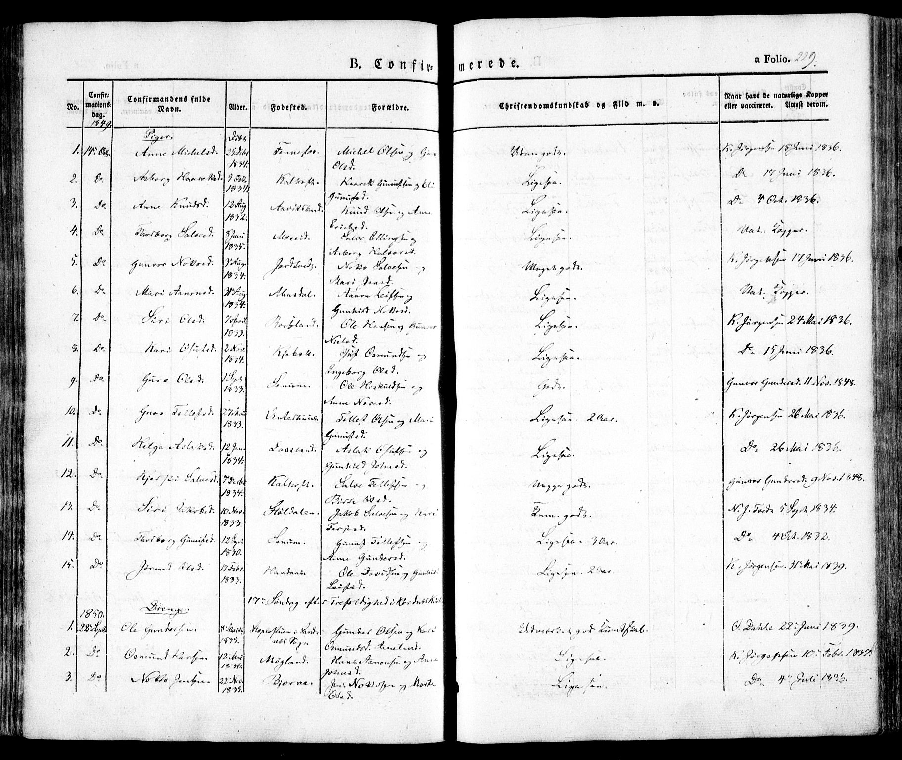 Evje sokneprestkontor, SAK/1111-0008/F/Fa/Faa/L0005: Parish register (official) no. A 5, 1843-1865, p. 229