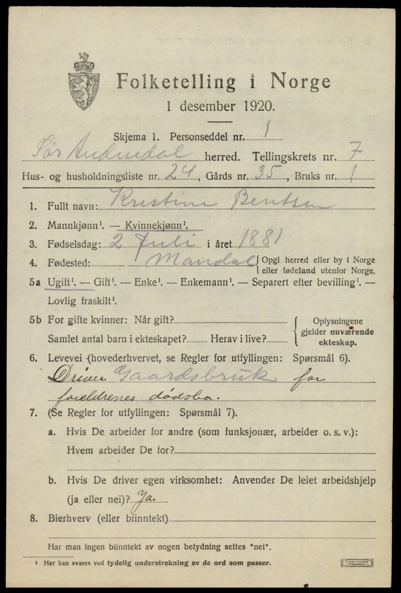 SAK, 1920 census for Sør-Audnedal, 1920, p. 3167