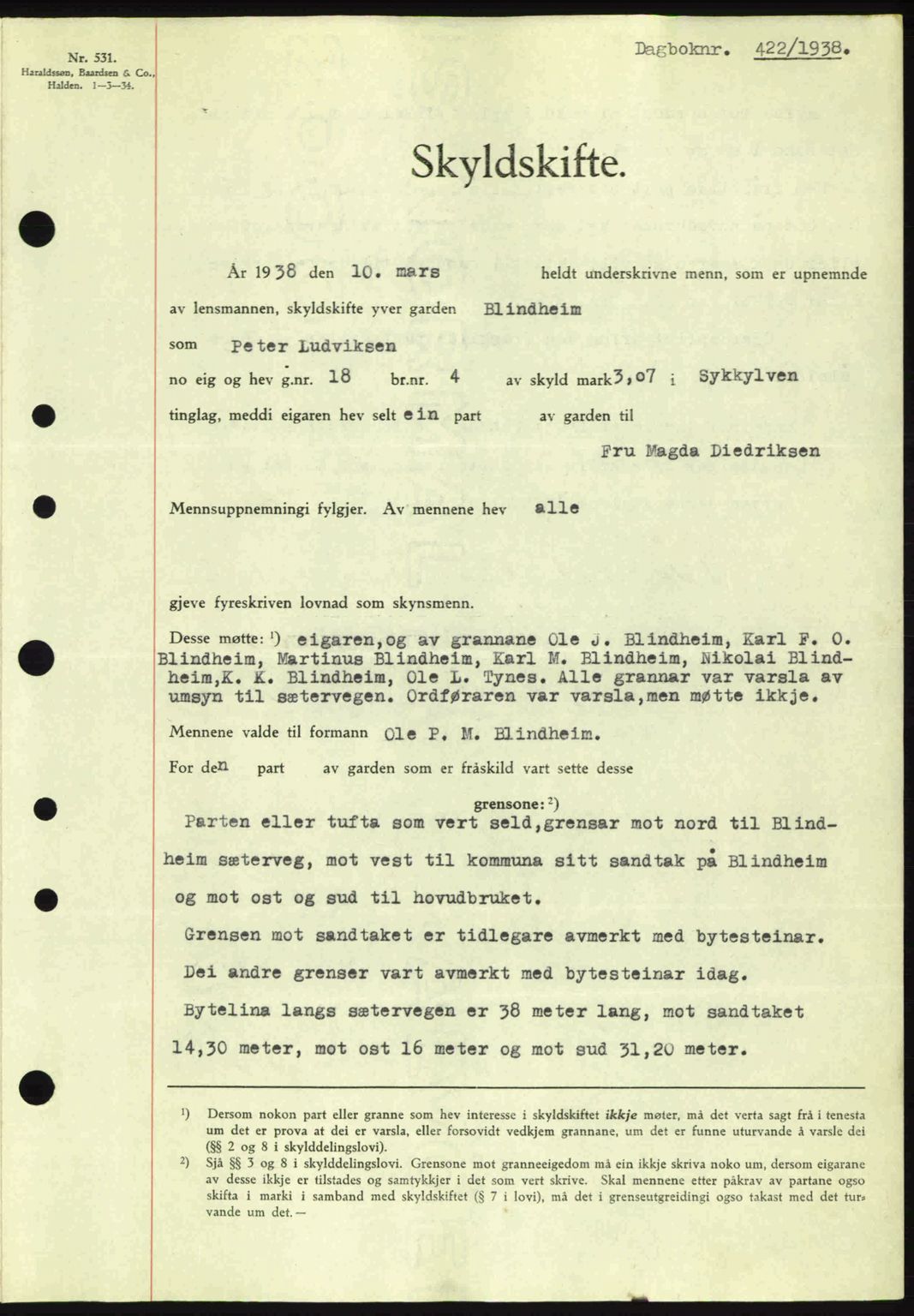 Nordre Sunnmøre sorenskriveri, AV/SAT-A-0006/1/2/2C/2Ca: Mortgage book no. A4, 1937-1938, Diary no: : 422/1938