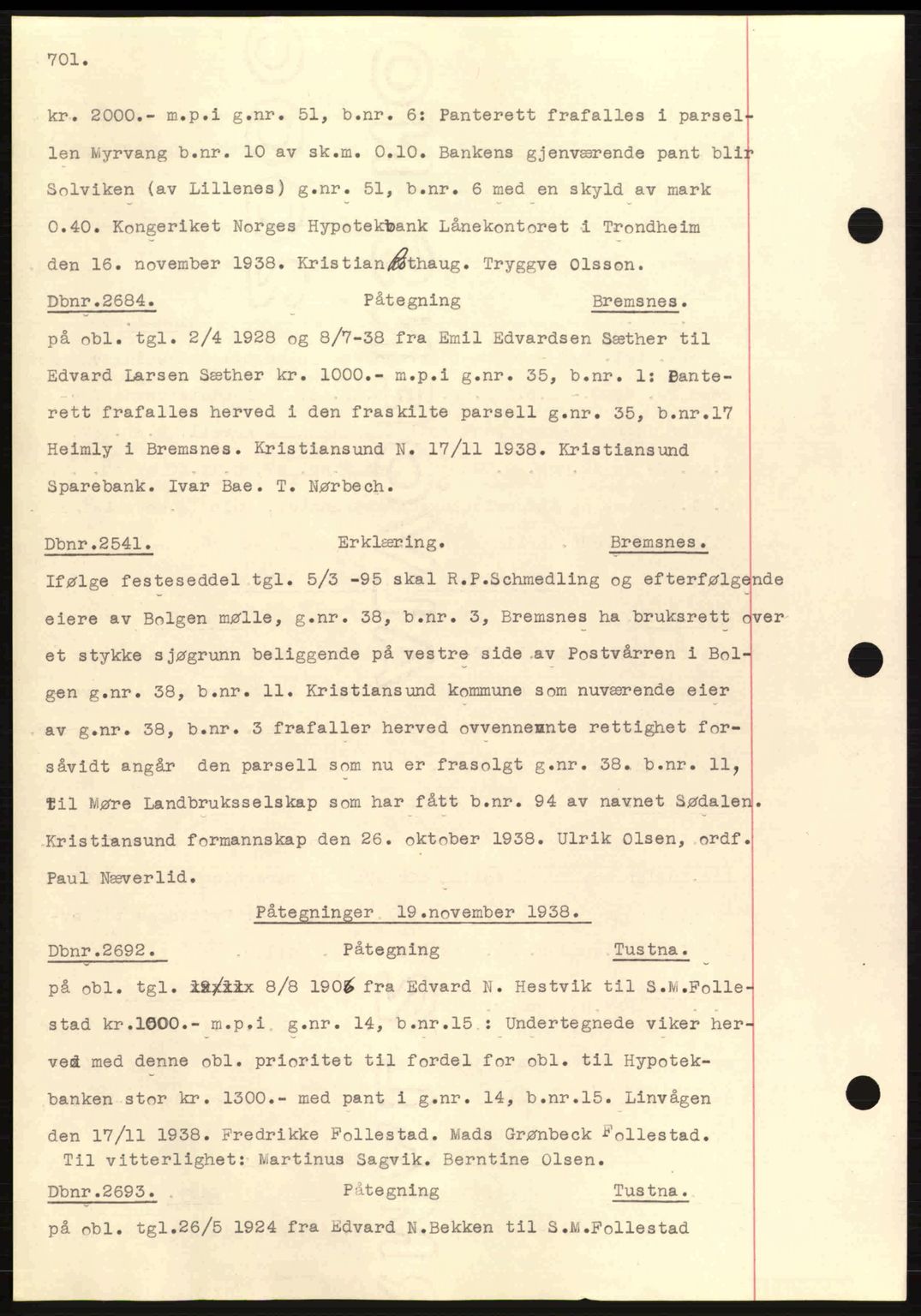 Nordmøre sorenskriveri, AV/SAT-A-4132/1/2/2Ca: Mortgage book no. C80, 1936-1939, Diary no: : 2684/1938