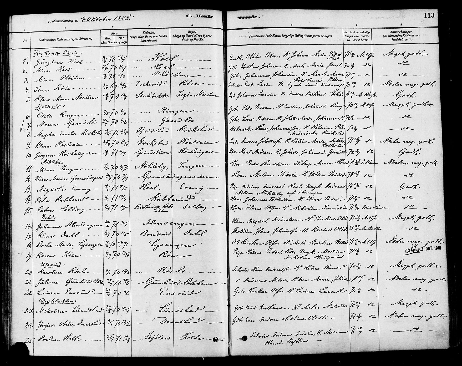 Vestre Toten prestekontor, SAH/PREST-108/H/Ha/Haa/L0010: Parish register (official) no. 10, 1878-1894, p. 113