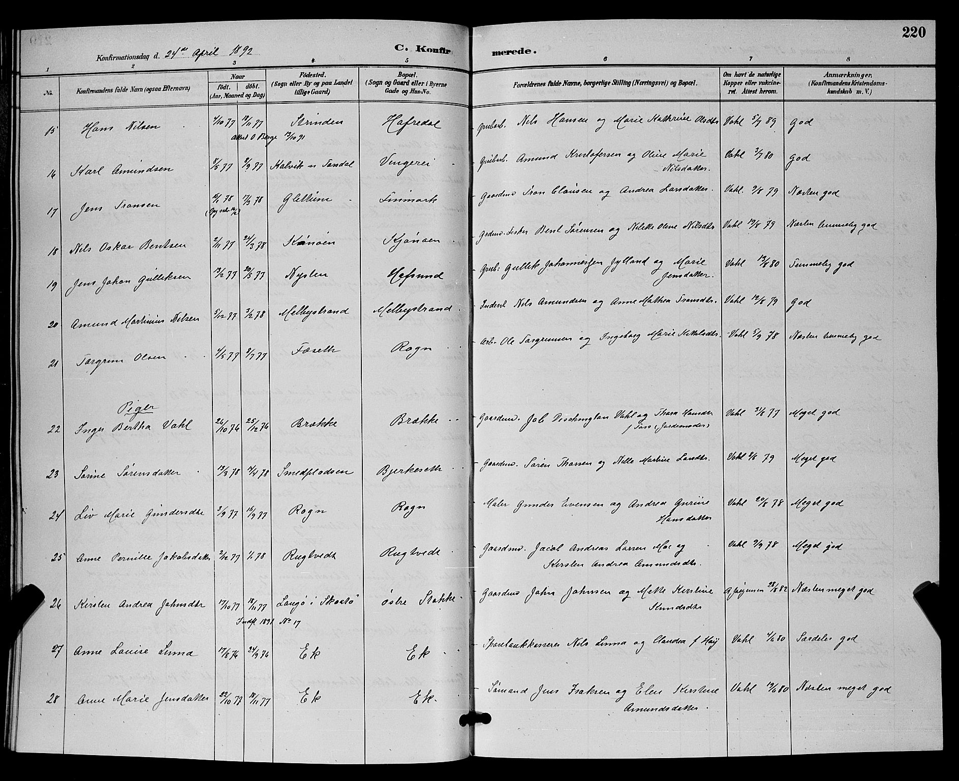 Bamble kirkebøker, SAKO/A-253/G/Ga/L0009: Parish register (copy) no. I 9, 1888-1900, p. 220