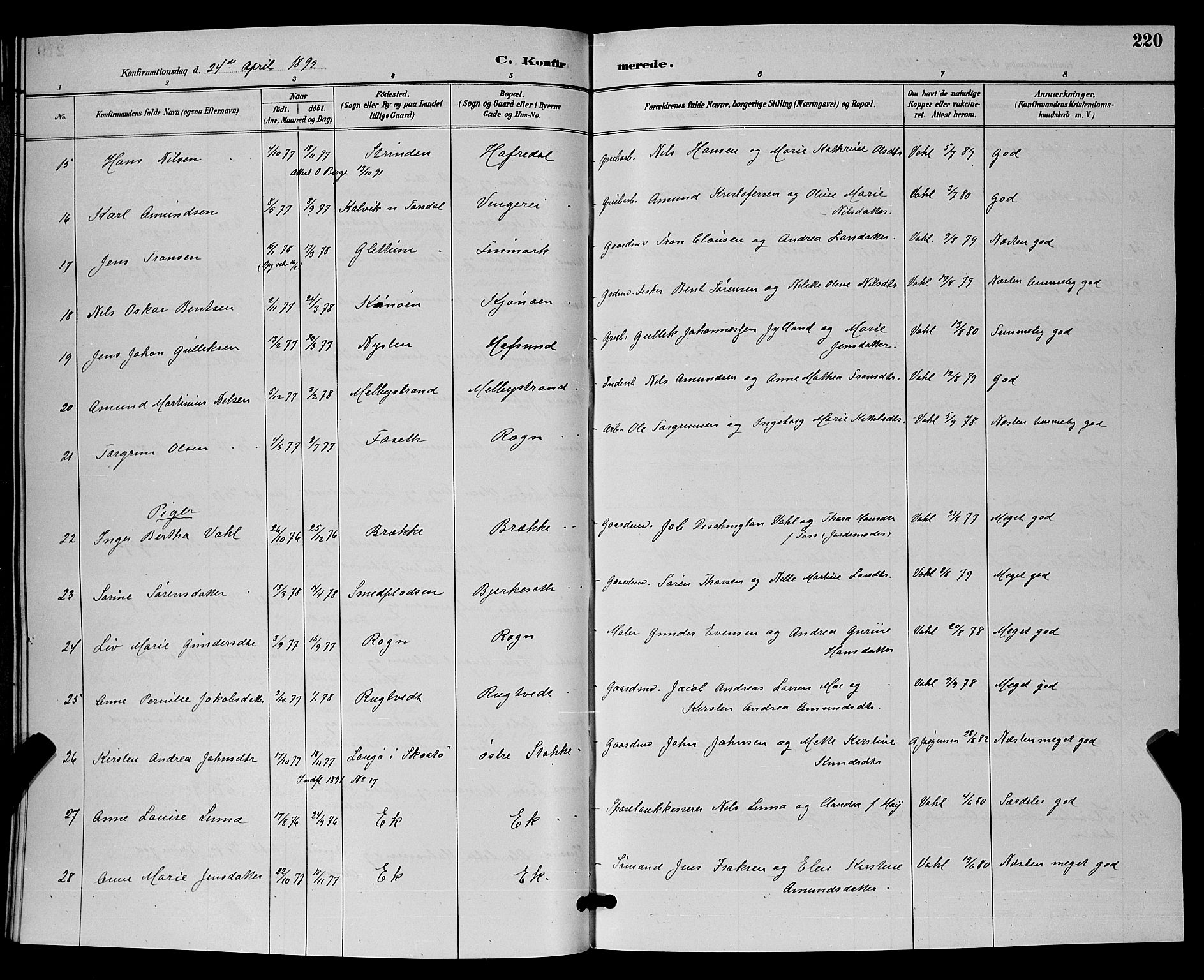 Bamble kirkebøker, AV/SAKO-A-253/G/Ga/L0009: Parish register (copy) no. I 9, 1888-1900, p. 220