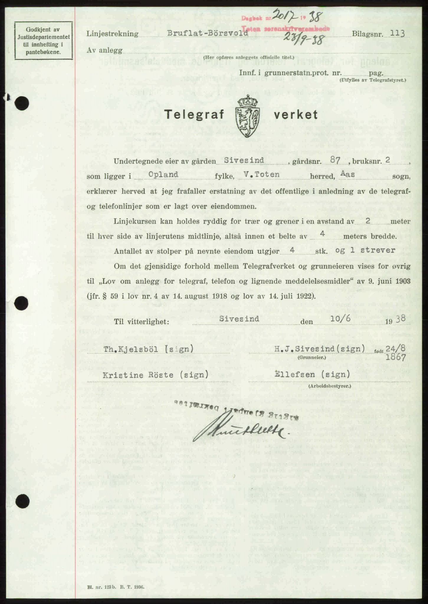 Toten tingrett, SAH/TING-006/H/Hb/Hbc/L0004: Mortgage book no. Hbc-04, 1938-1938, Diary no: : 2017/1938