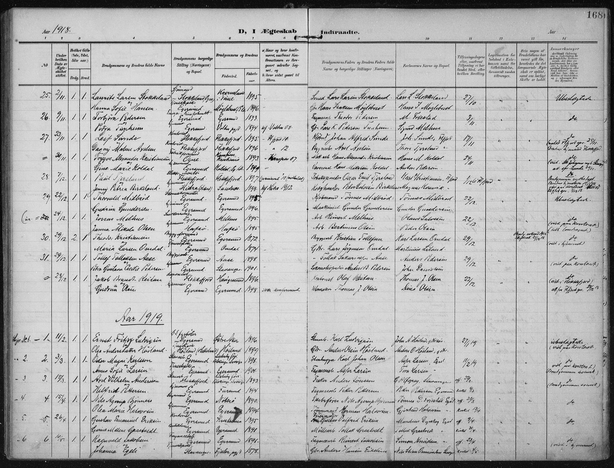 Eigersund sokneprestkontor, SAST/A-101807/S08/L0022: Parish register (official) no. A 21, 1905-1928, p. 168