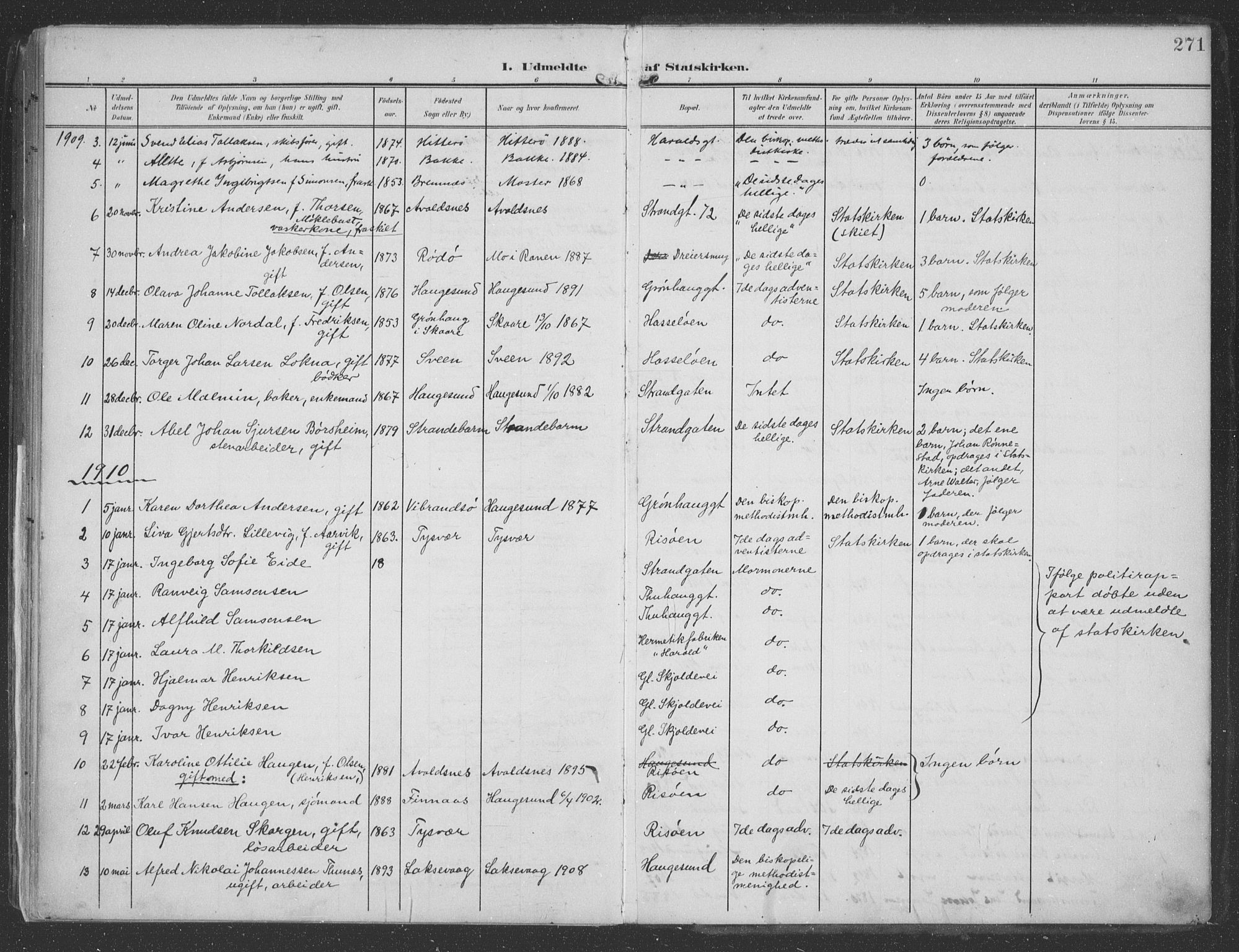 Haugesund sokneprestkontor, SAST/A -101863/H/Ha/Haa/L0007: Parish register (official) no. A 7, 1904-1916, p. 271