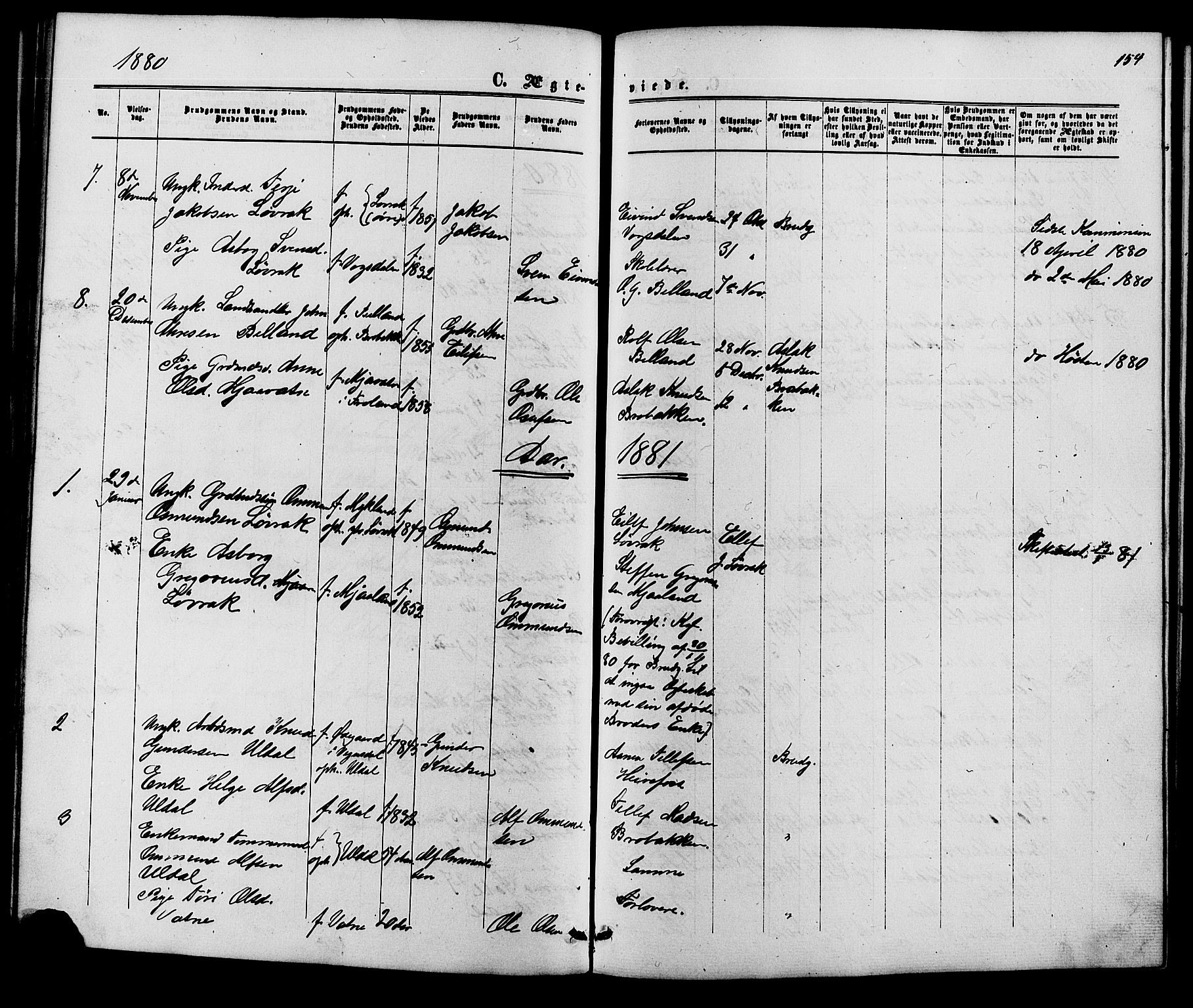 Herefoss sokneprestkontor, SAK/1111-0019/F/Fb/Fbc/L0002: Parish register (copy) no. B 2, 1867-1886, p. 154