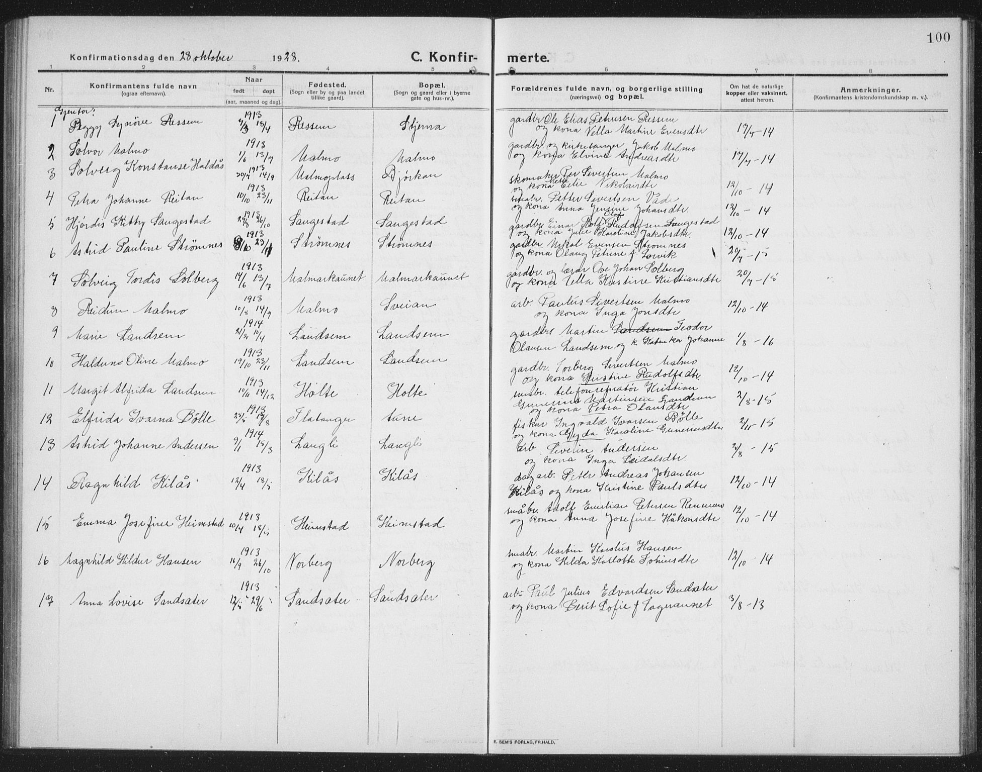 Ministerialprotokoller, klokkerbøker og fødselsregistre - Nord-Trøndelag, SAT/A-1458/745/L0434: Parish register (copy) no. 745C03, 1914-1937, p. 100
