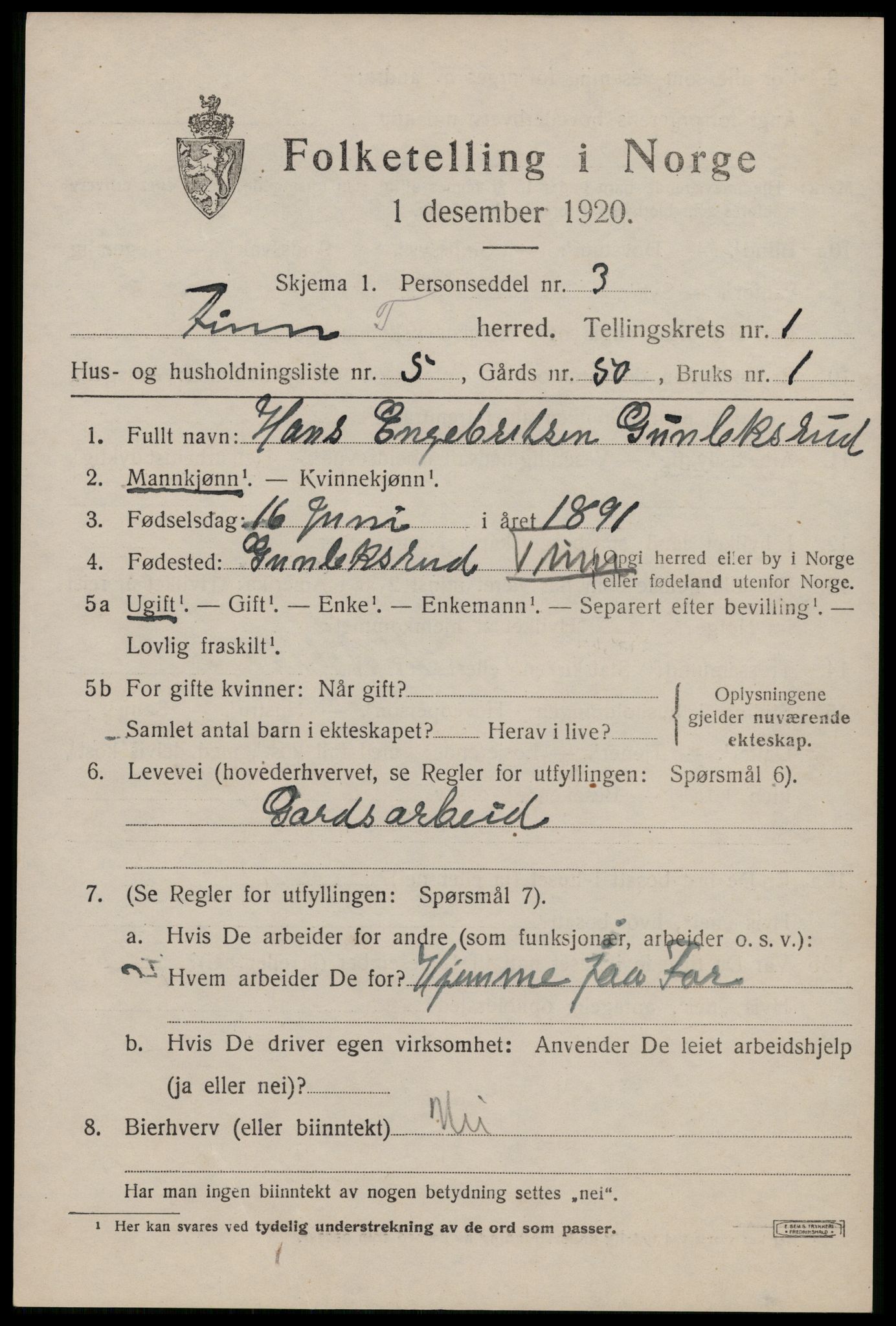 SAKO, 1920 census for Tinn, 1920, p. 2738