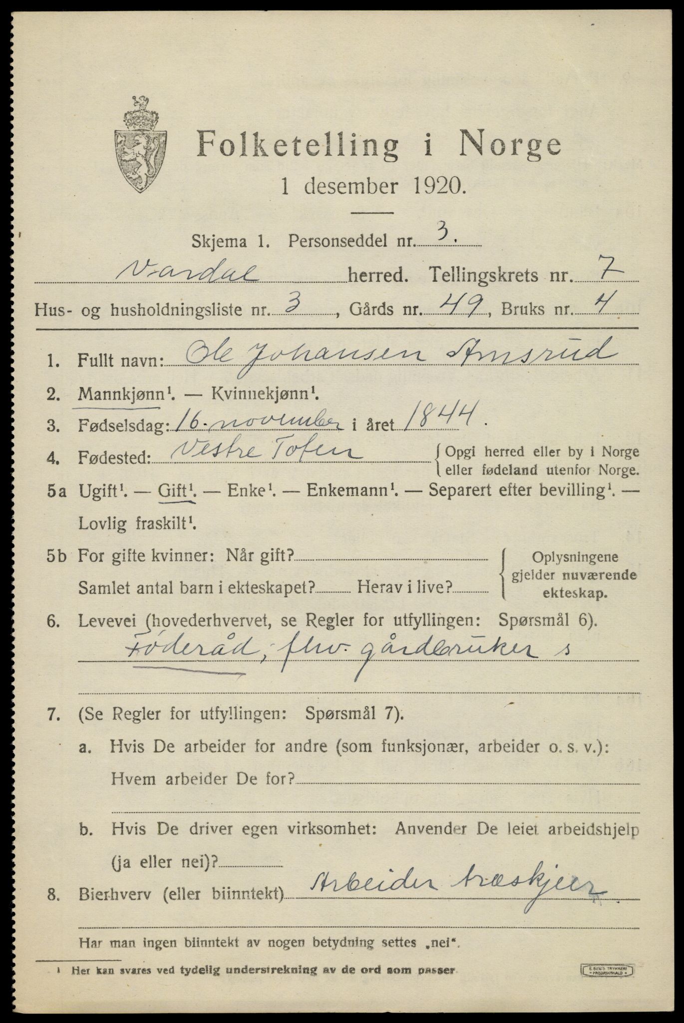 SAH, 1920 census for Vardal, 1920, p. 4875