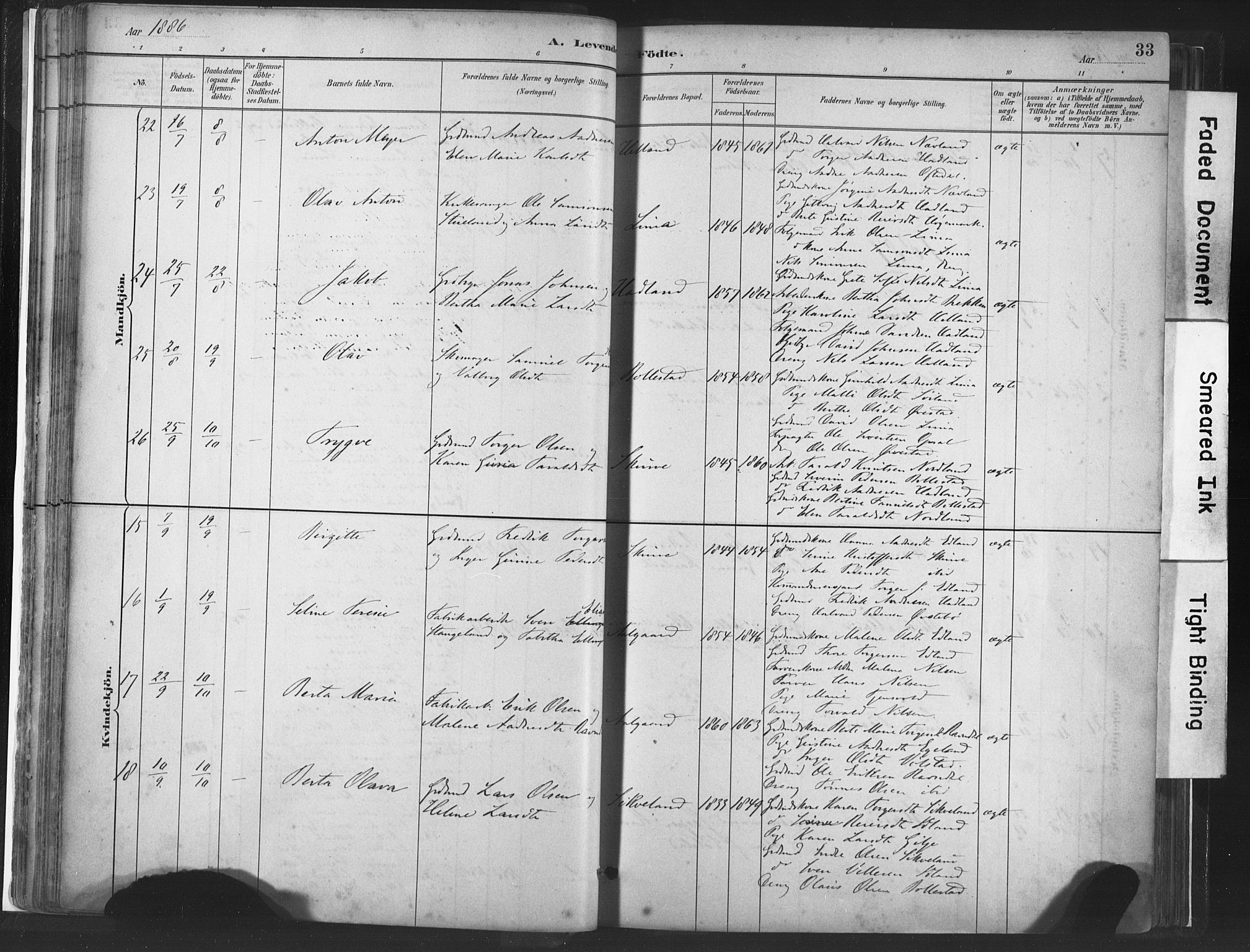 Lye sokneprestkontor, AV/SAST-A-101794/001/30BA/L0010: Parish register (official) no. A 10, 1881-1896, p. 33