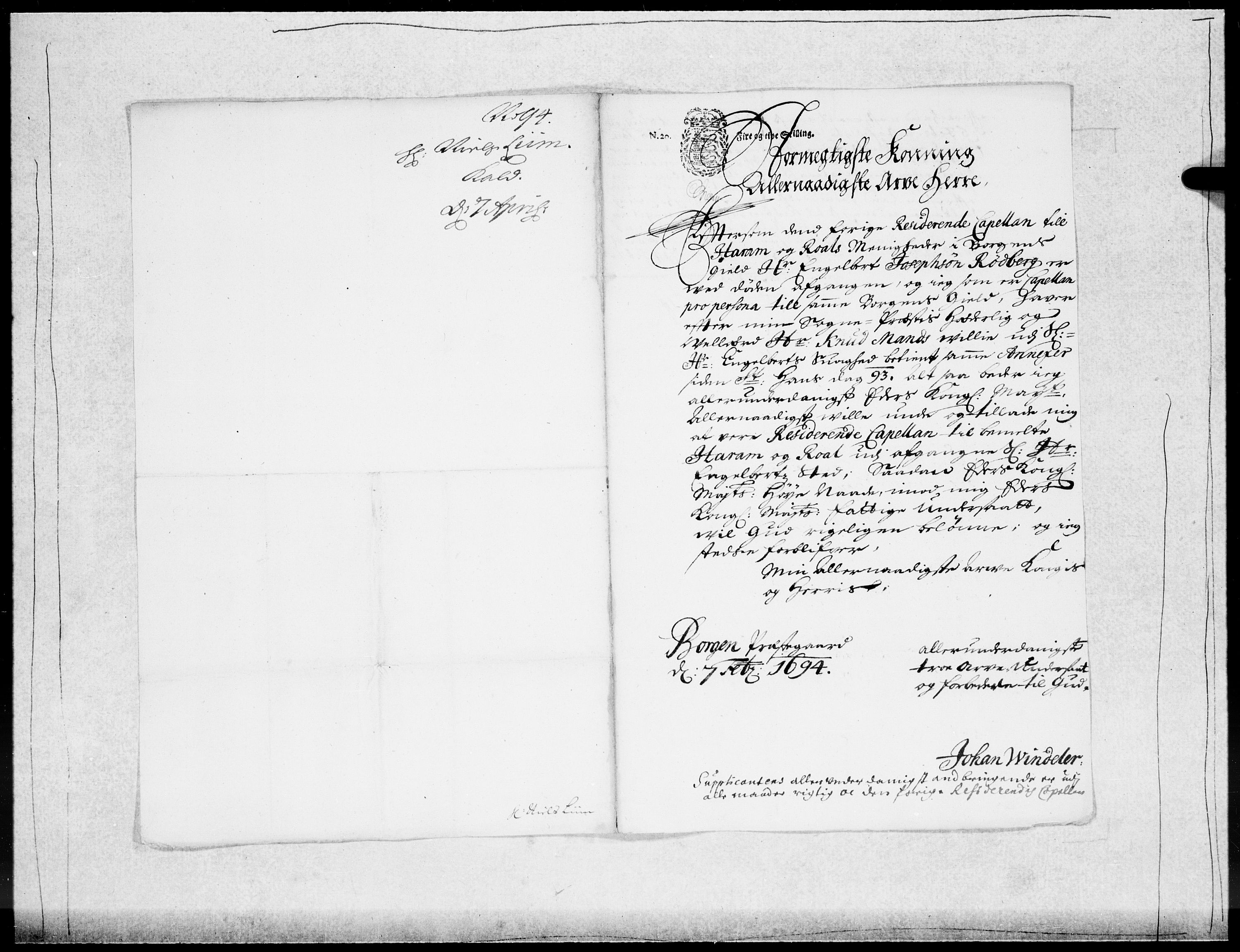 Danske Kanselli 1572-1799, AV/RA-EA-3023/F/Fc/Fcc/Fcca/L0046: Norske innlegg 1572-1799, 1693-1695, p. 164