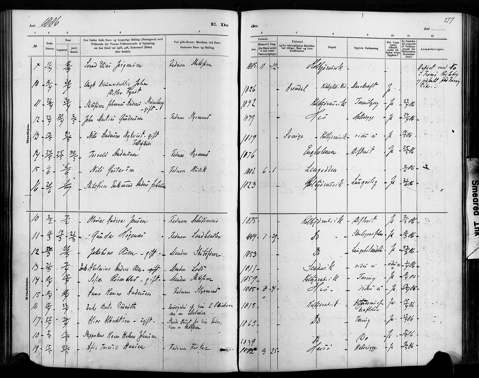 Hisøy sokneprestkontor, SAK/1111-0020/F/Fa/L0003: Parish register (official) no. A 3, 1881-1894, p. 277