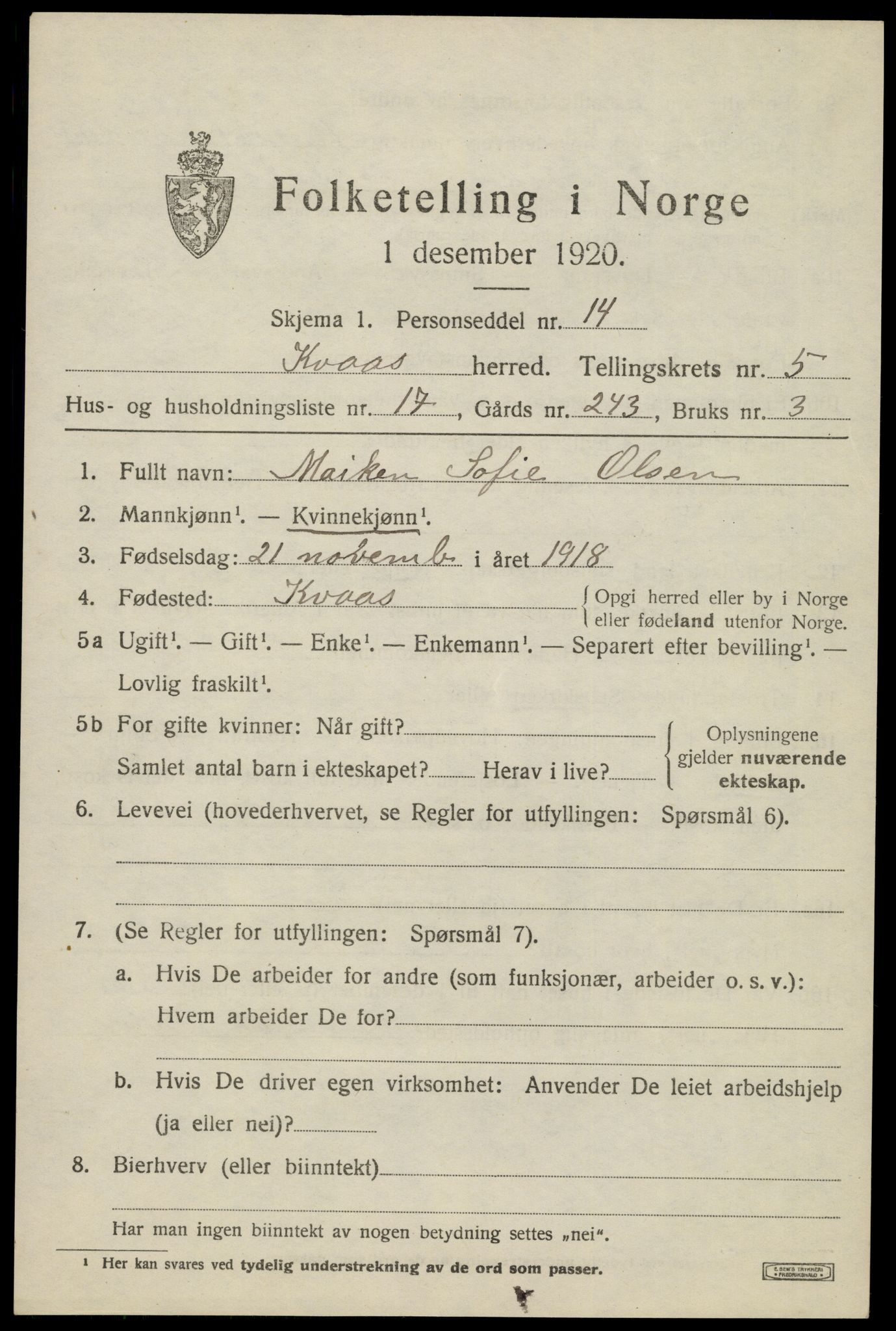 SAK, 1920 census for Kvås, 1920, p. 1498