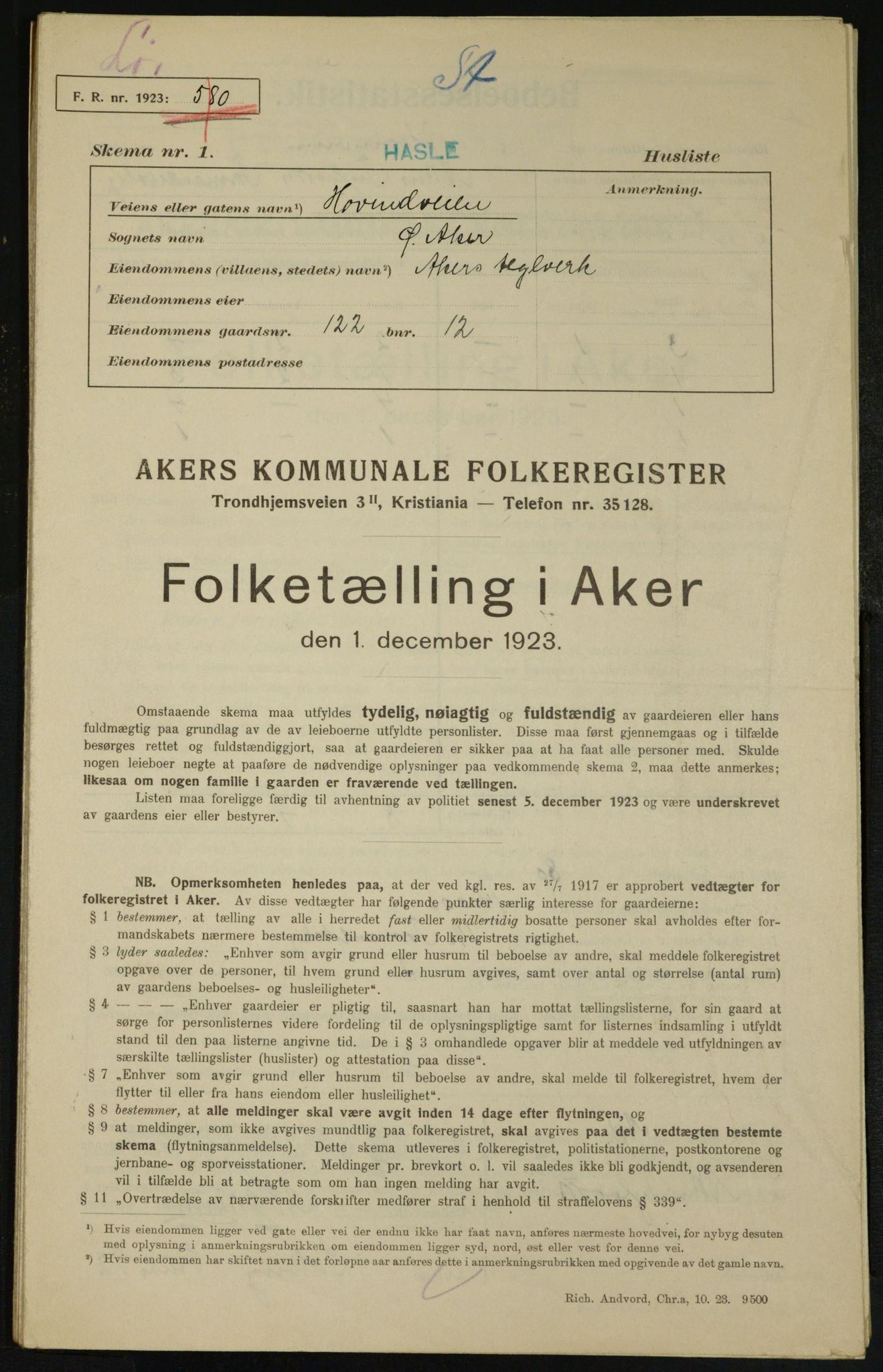 , Municipal Census 1923 for Aker, 1923, p. 26073