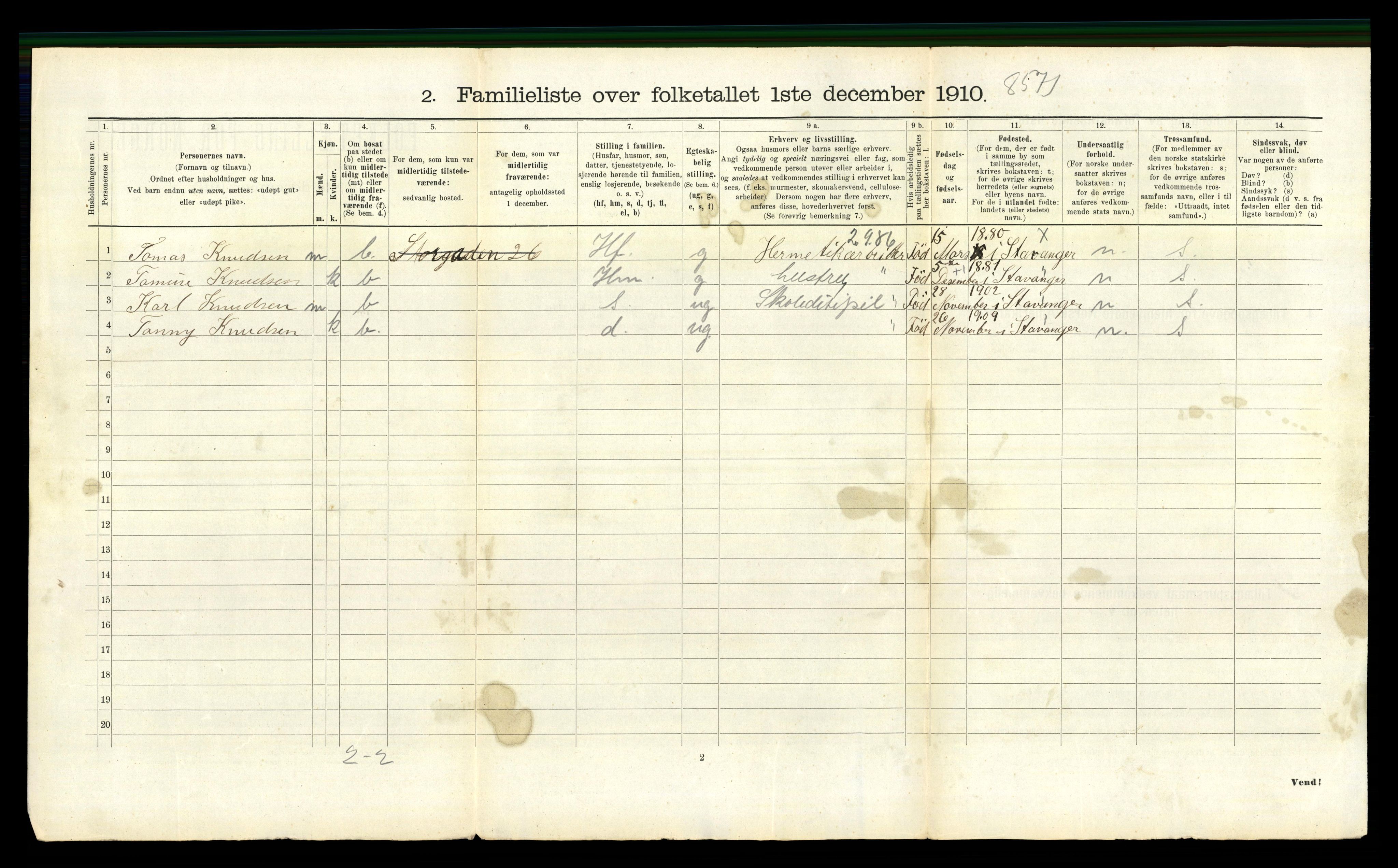 RA, 1910 census for Stavanger, 1910, p. 16531